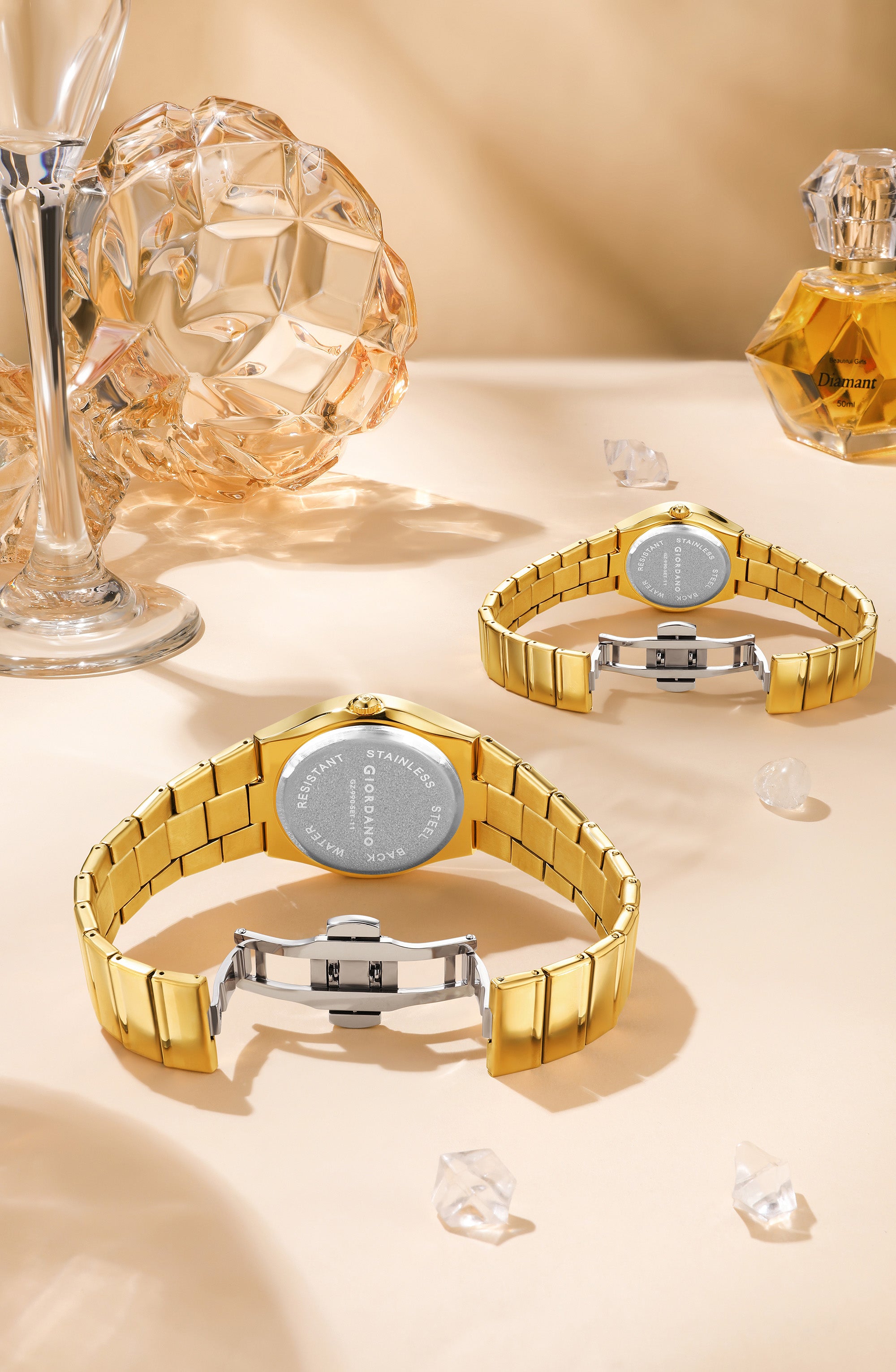 Giordano Analog Pair Watch For Unisex With Round Dial, Crystal Indices , Date Display And Stainless Steel Strap GZ-990-SET-11