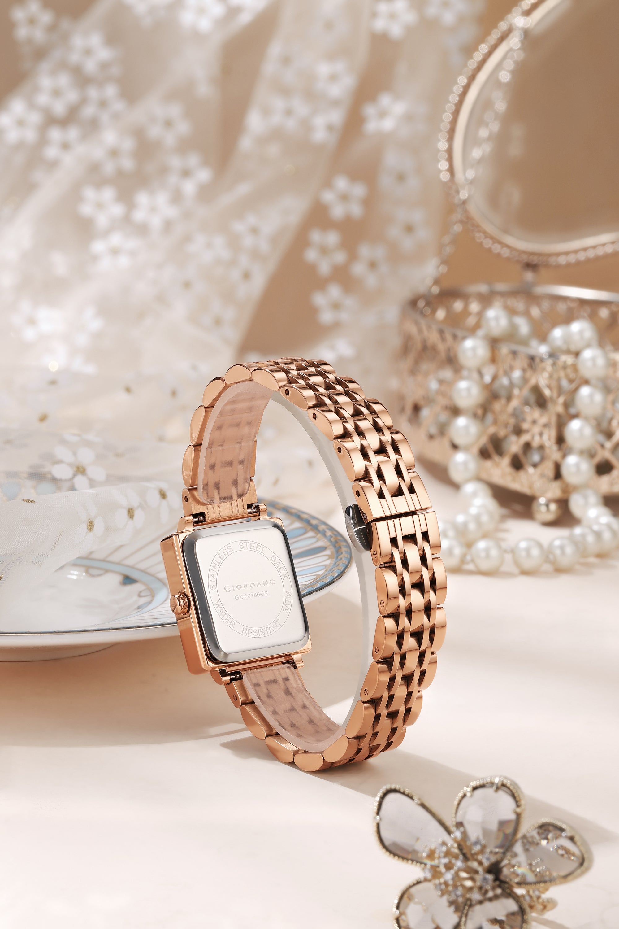 Giordano Rose Gold Analog Quartz Watch Gift Set for Women – 3 Piece Combo with Rose Gold Mother of Pearl Fan Pendant Necklace & Crystal Heart Charm Bangle Bracelet, Fashion Jewelry Set - GZ-60180-22