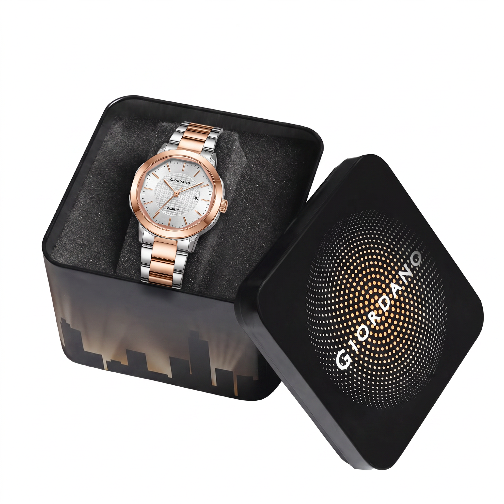 Giordano Analog Quartz Watch for Women with Silver Round Textured Dial, Date Display, Baton Hour Markers and Two-Tone Silver & Rose Gold Stainless Steel Strap - GZ-60179-33