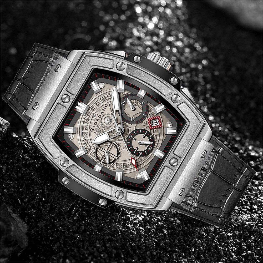 Giordano Terminator Grey Leather Multifunction Watch for men - with Day, Date, and 24-Hour Sub-Dials | Water Resistant Square Dial Unique Design Wrist Watch for Man | GZ-50098-07