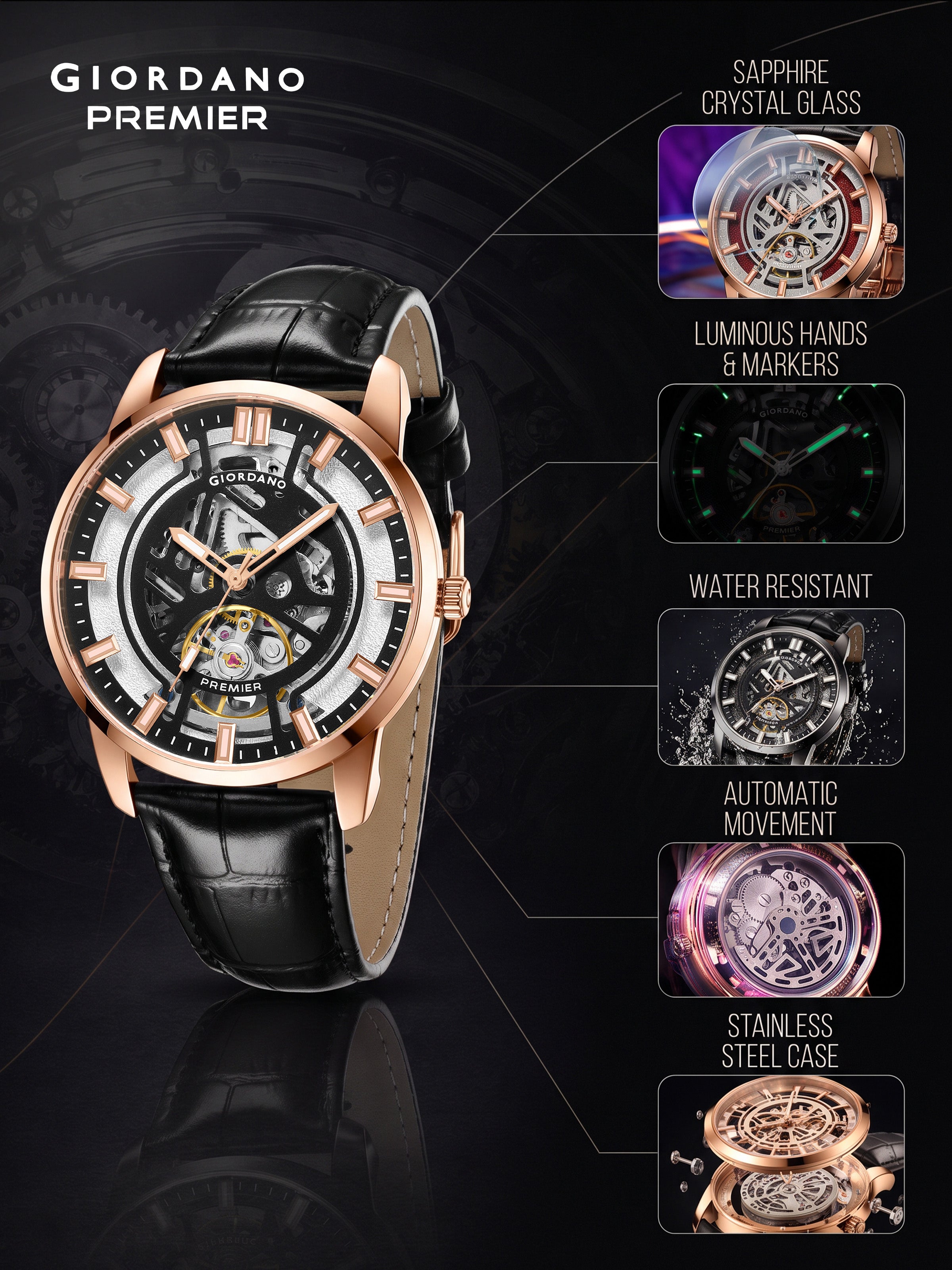 Giordano Premier Eterno Collection Automatic Mechanical Movement Skeleton-Style Watch for Men - GZ-50231-04