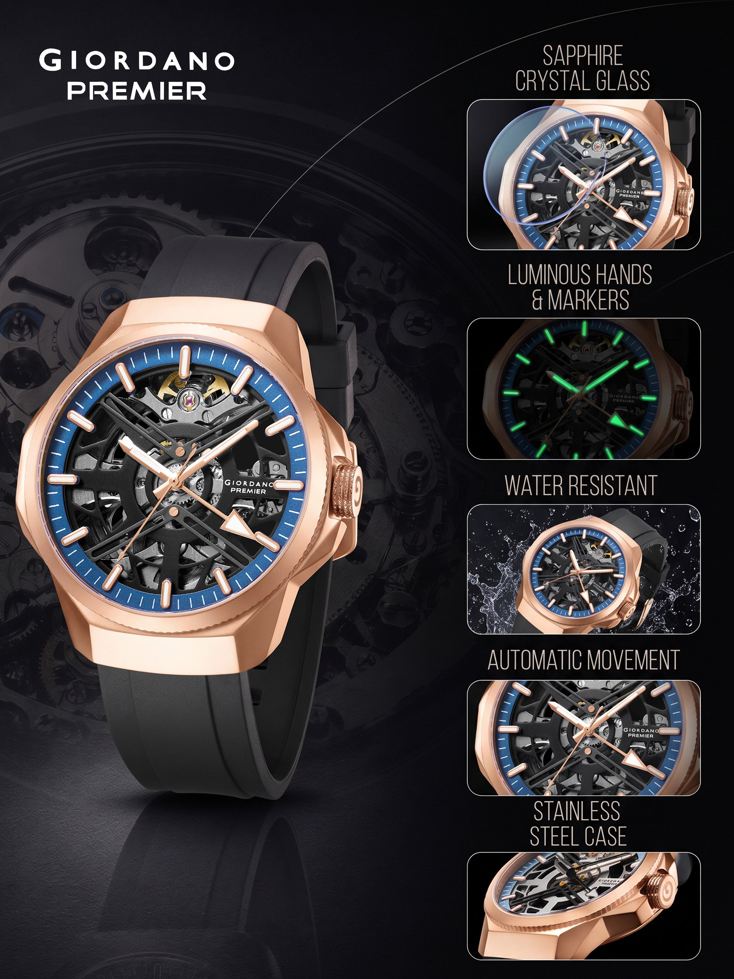 Giordano Premier Xapphire Collection Automatic Mechanical Movement Skeleton-Style Watch for Men - GZ-50232-03