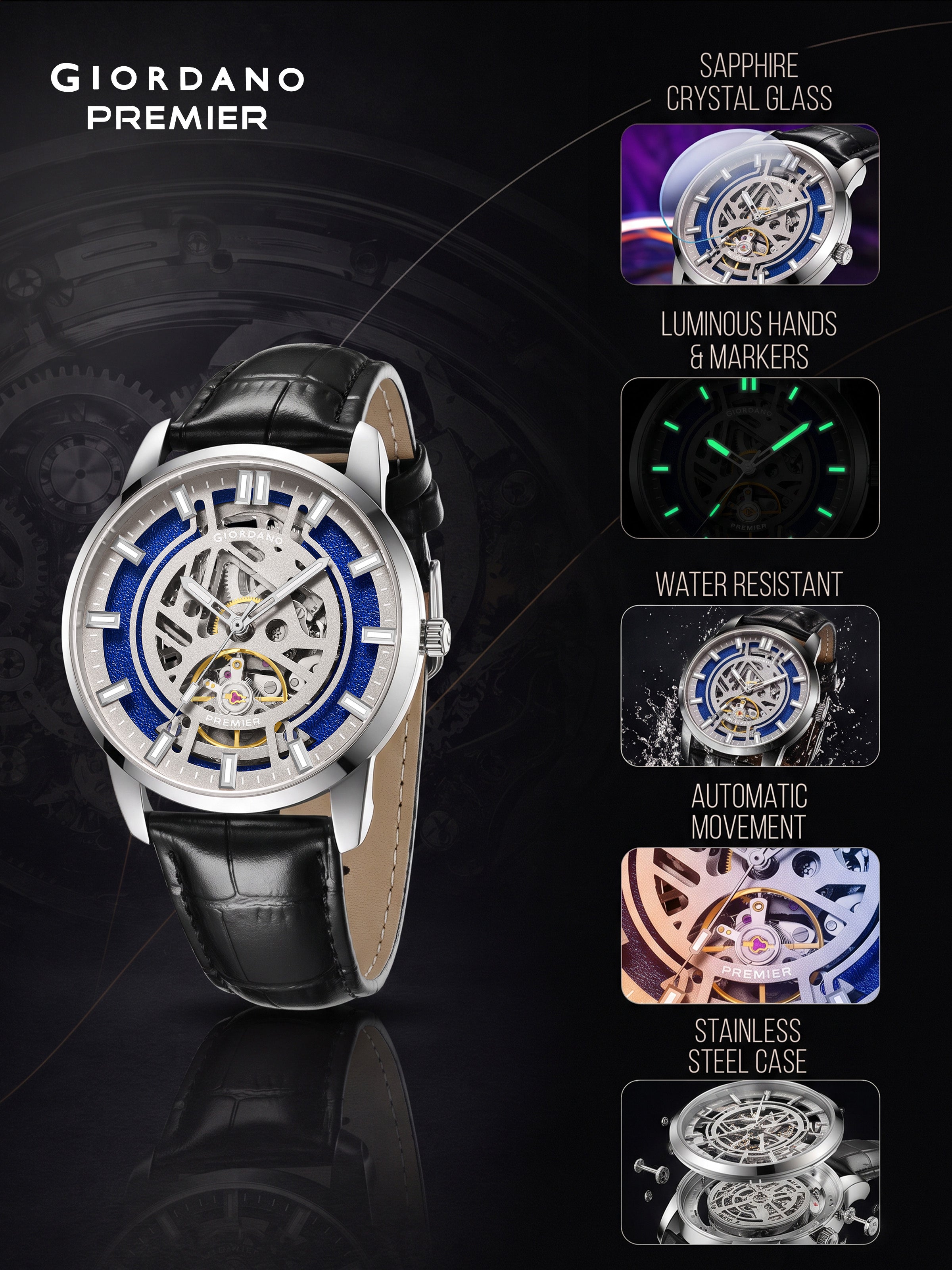 Giordano Premier Eterno Collection Automatic Mechanical Movement Skeleton-Style Watch for Men - GZ-50231-02