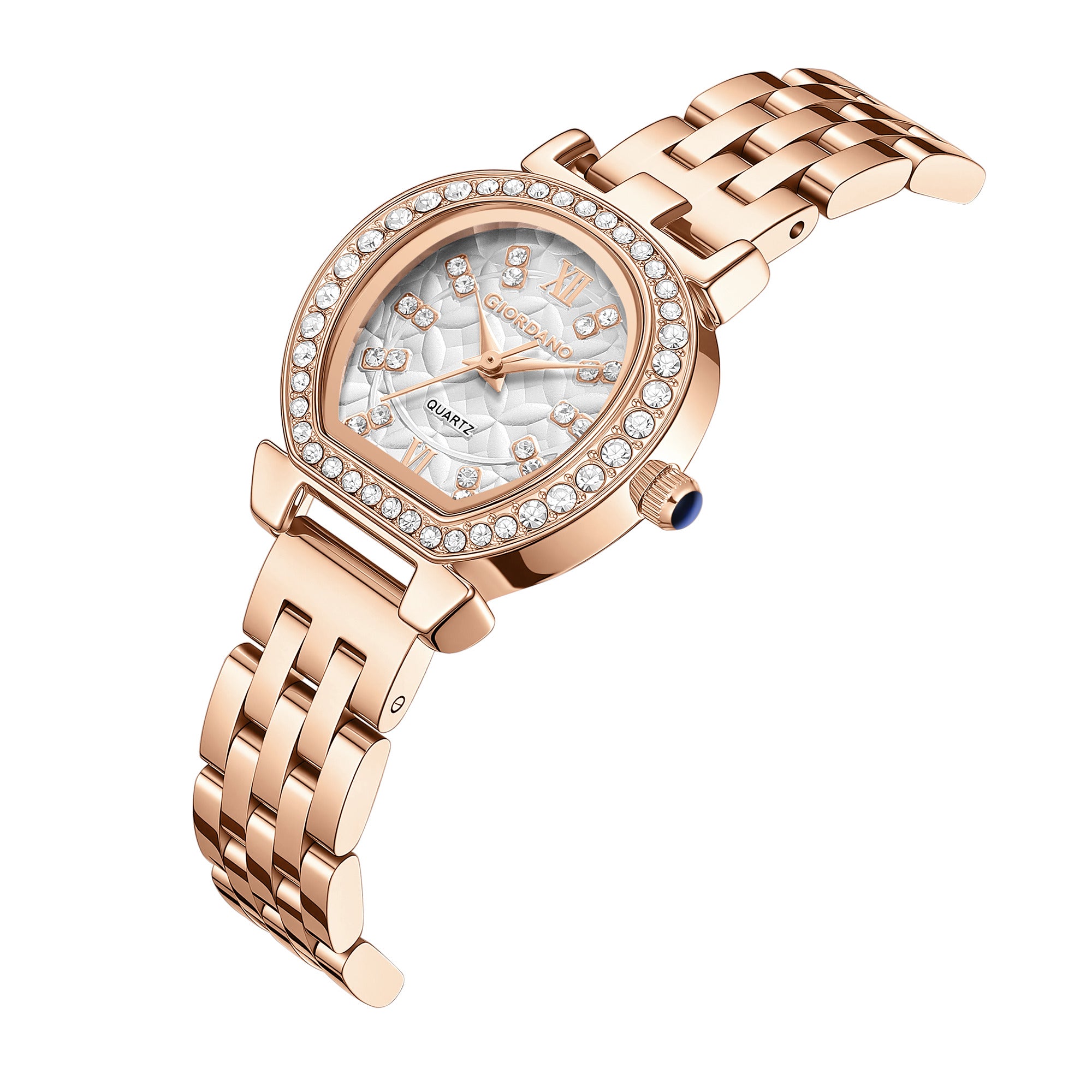 Giordano Analog Quartz Watch for Women with Bangle Set Texured Oval White Dial, Roman Indices, Blue Crown, Crystal Studded Hour Markers and Bezel, Rose Gold Stainless Steel Strap - GZ-60154-11