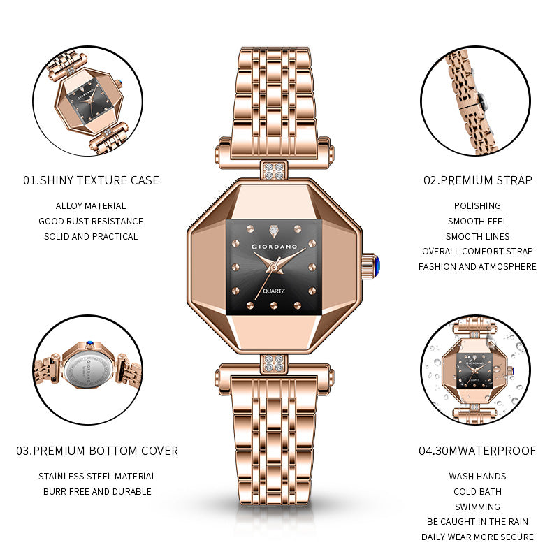 Giordano Dress Watch for Women – Rose Gold Finish, Diamond Accented Octagonal Dial & Stainless Steel Strap | GZ-60096-11