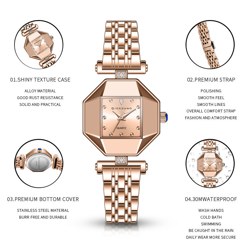 Giordano Dress Watch for Women – Rose Gold Finish, Diamond Accented Octagonal Dial & Stainless Steel Strap | GZ-60096-22