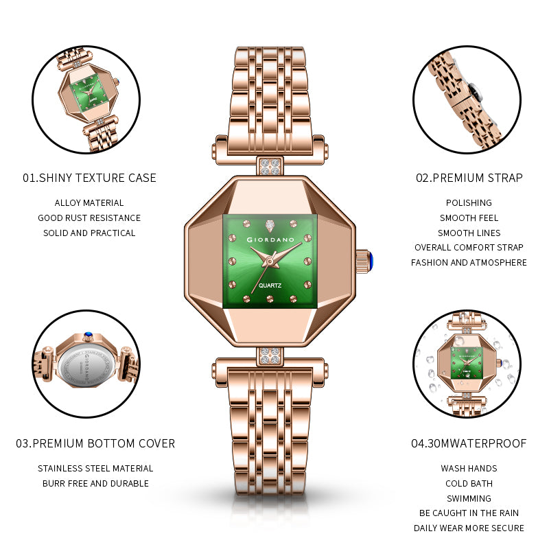 Giordano Dress Watch for Women – Rose Gold Finish, Diamond Accented Octagonal Dial & Stainless Steel Strap | GZ-60096-33