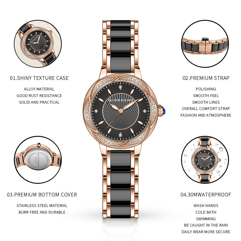 Giordano Flower Case Watch for Women with Crystal-Studded Bezel, Diamond Hour Markers & Dual Tone Stainless Strap | GZ-60095-11