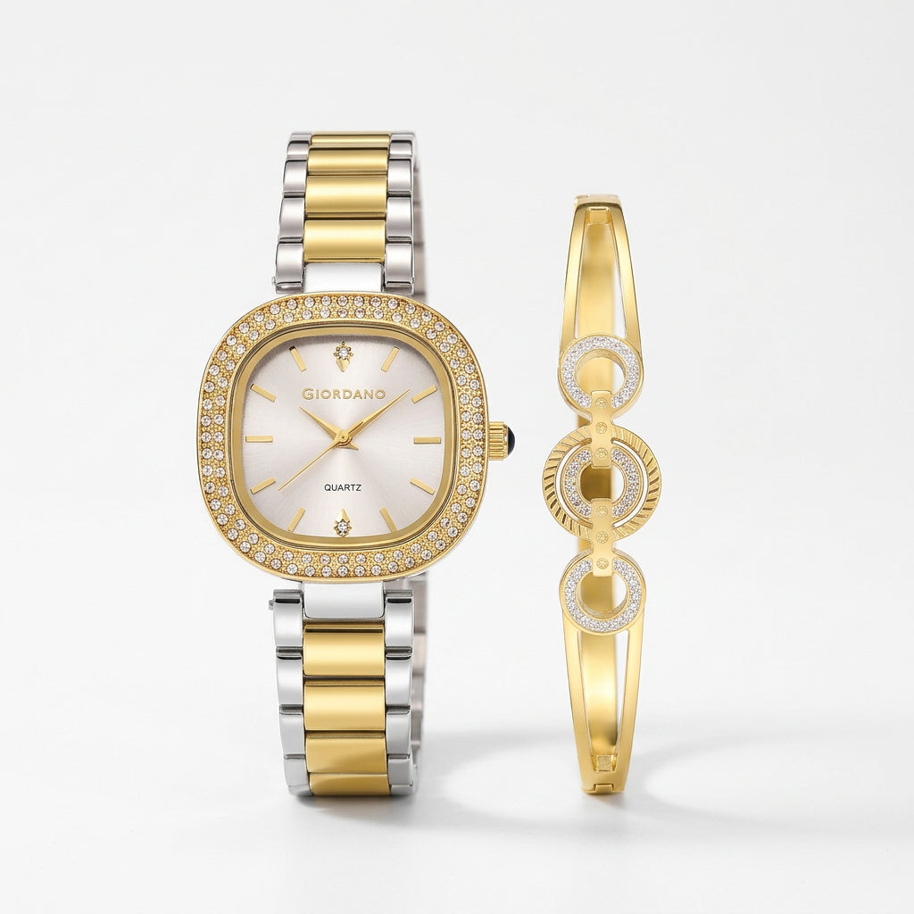 Giordano Analog Quartz Watch for Women with Bangle Square White Dial, Blue Crown, Crystal Studded Hour Markers and Bezel, Silver and Gold Stainless Steel Strap - GZ-60166-11
