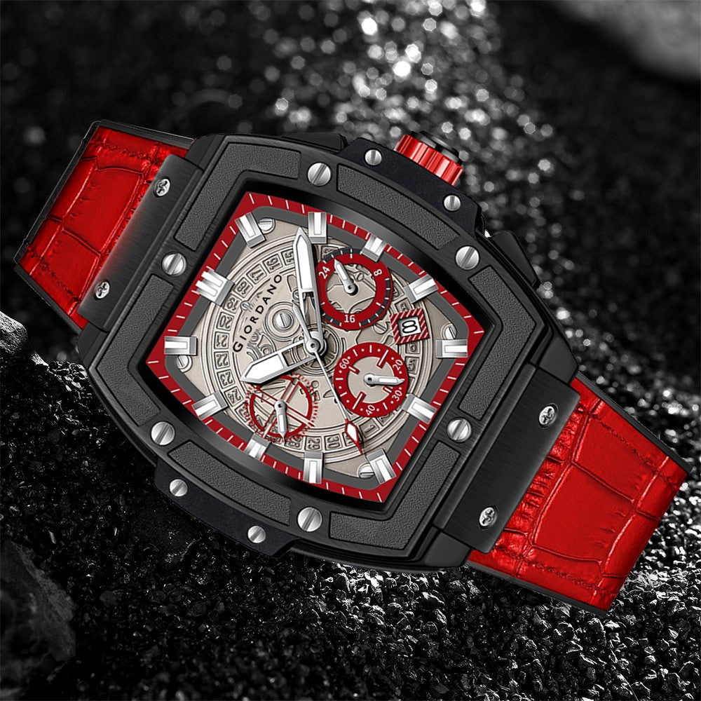 Giordano Terminator Red Leather Multifunction Watch for men - with Day, Date, and 24-Hour Sub-Dials | Water Resistant Square Dial Unique Design Wrist Watch for Man | GZ-50098-04