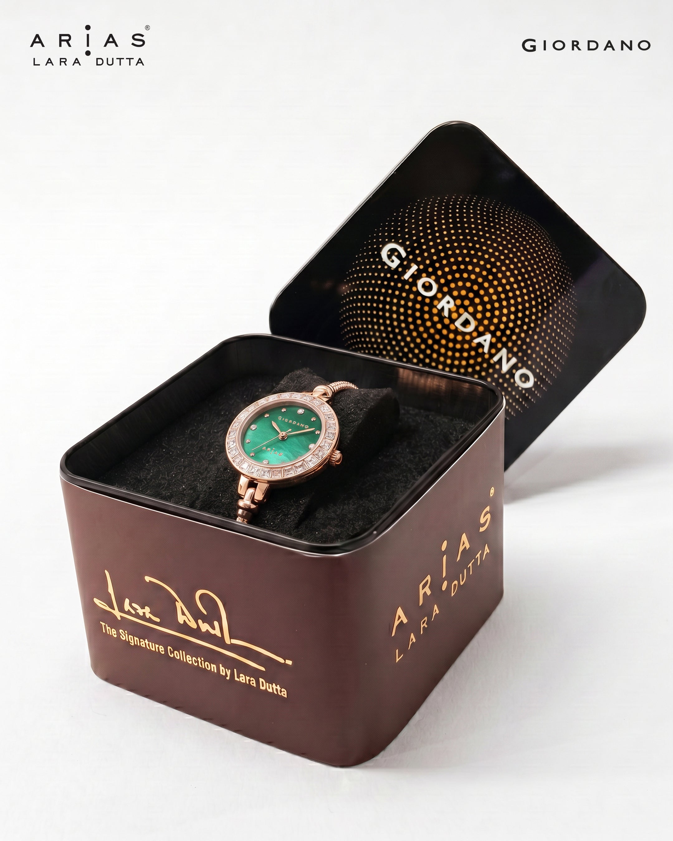 Giordano Arias by Lara Dutta Signature Collection Analog Quartz Watch for Women with Mother-of-Pearl Dial, Baguette-Cut Crystal Studded Bezel and Rose Gold Adjustable Chain Bracelet Strap GZ-60178-22