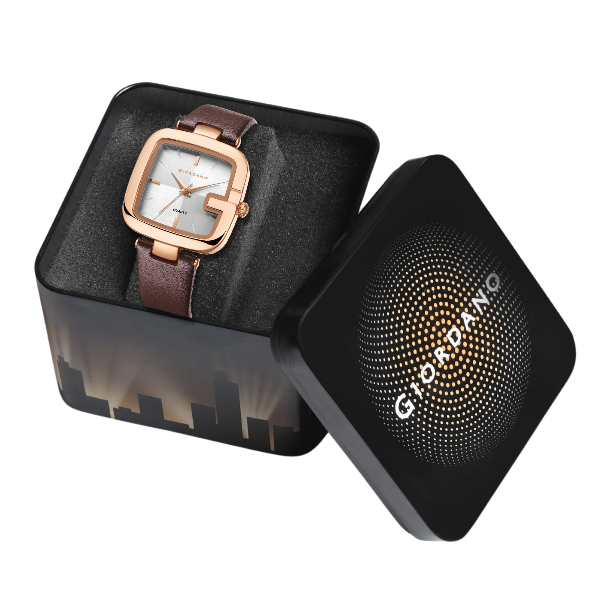 Giordano Square Dial Watch for women with leather strap and Premium Quartz moevment-GZ-60089-02