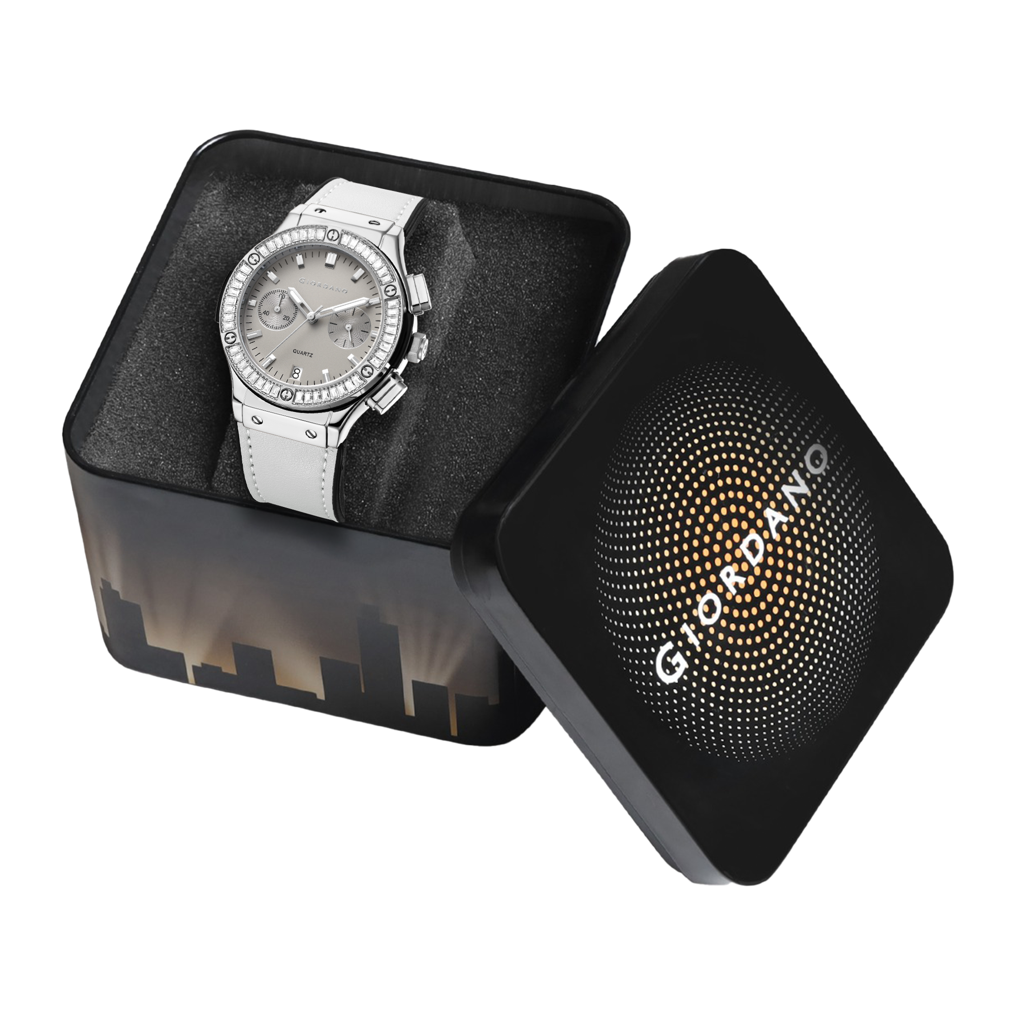 Giordano analog Watch for men  – Round Dial,  Leather Strap, Crystal-Studded Bezel with Quartz Movement-GZ-60093-01