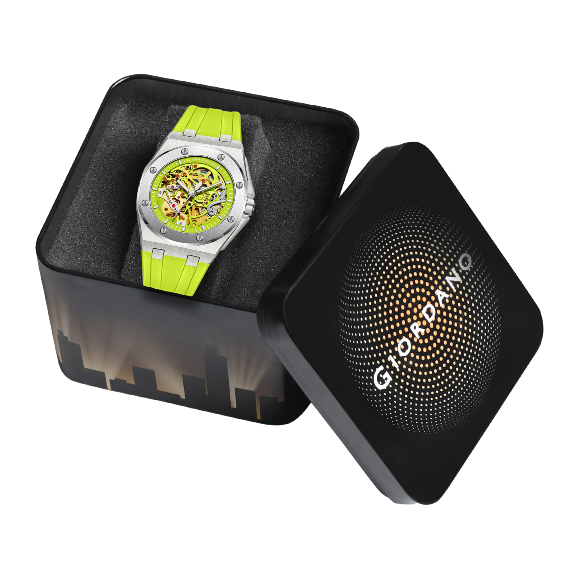 Giordano Automatic Watch for Men – Mechanical Skeleton Dial,Transparent Gear Display, Silicon Strap | GZ-50129-03