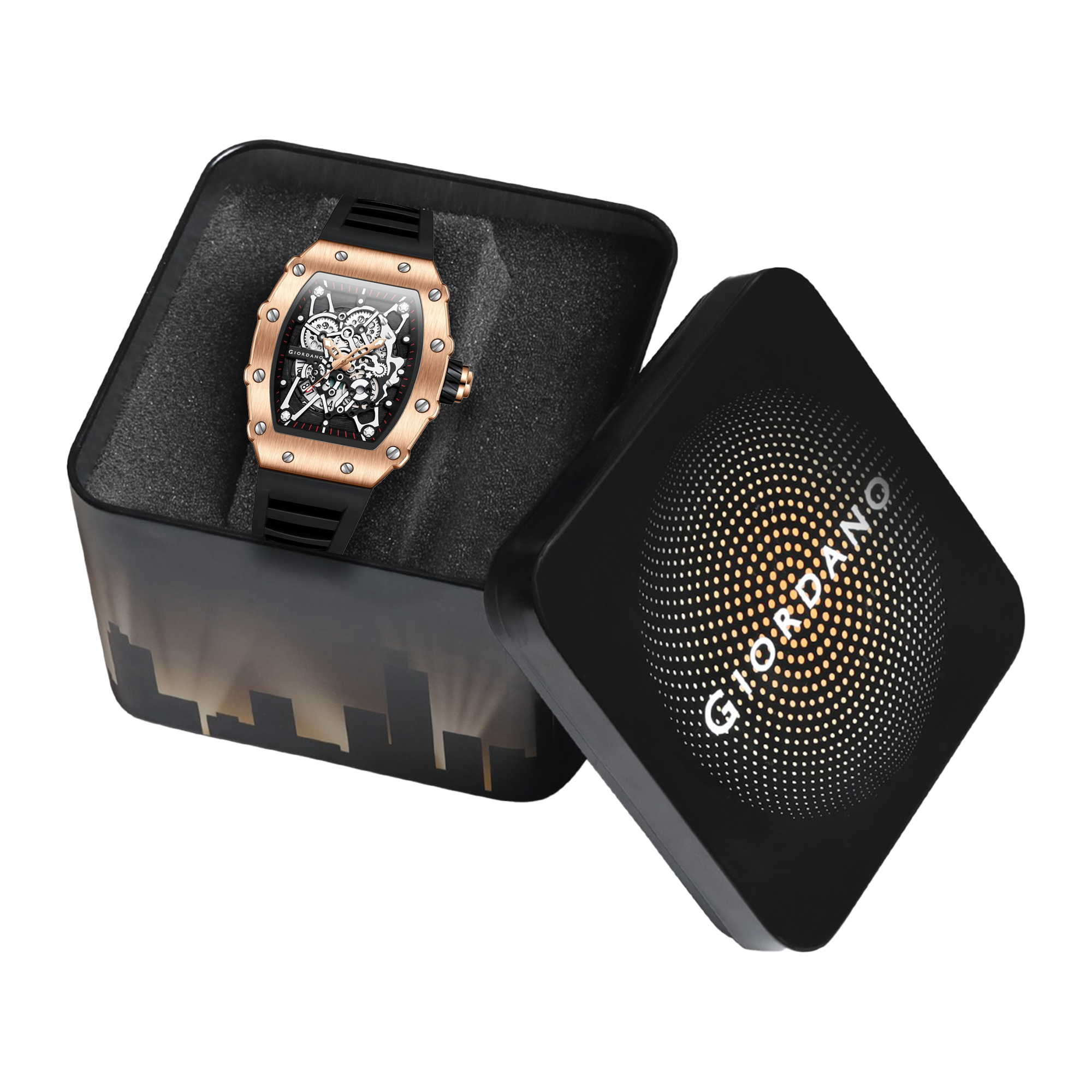 Giordano Analog Watch for Men - Skeleton-Style Dial | Brushed Steel Case with Silicone Strap | GZ-50127-03
