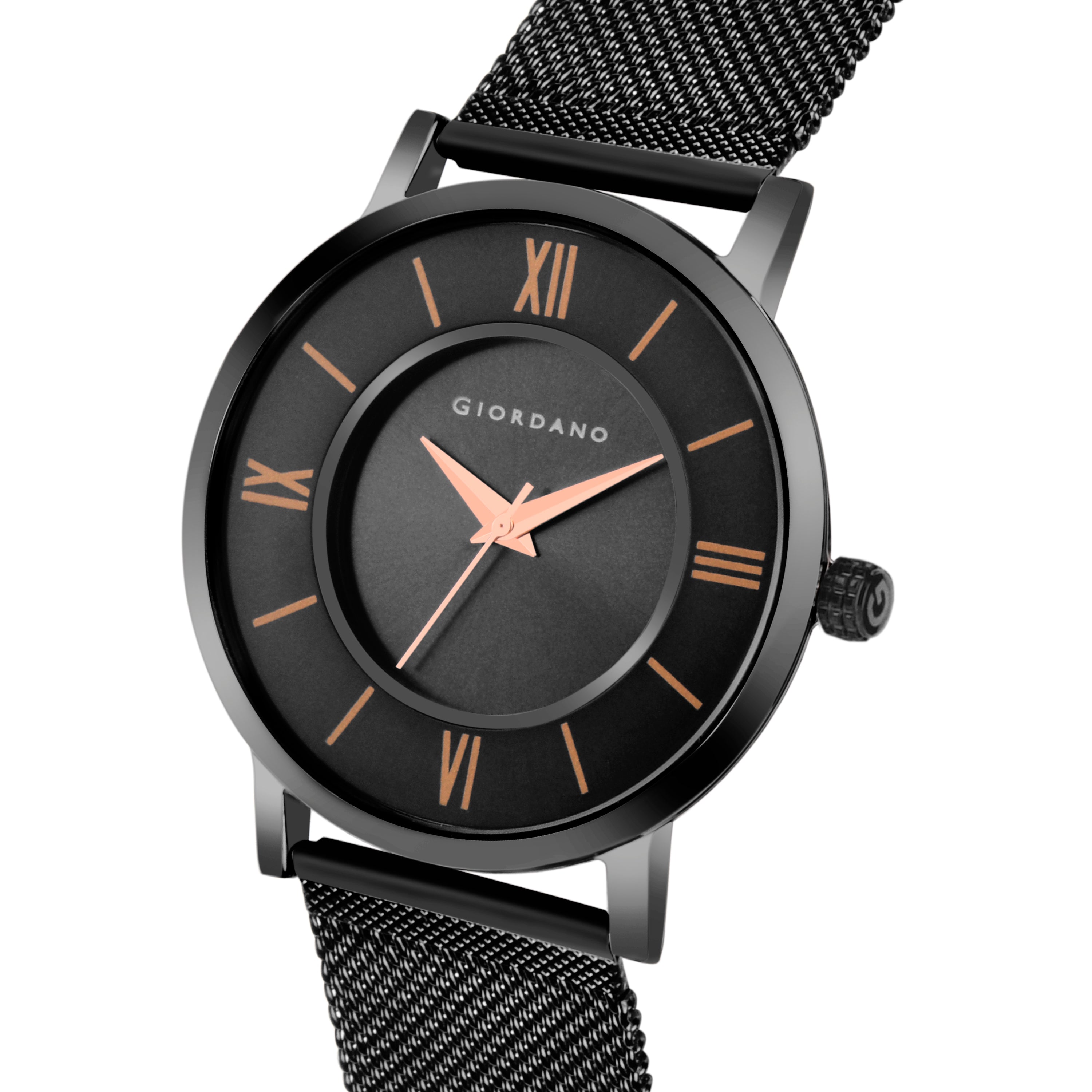 Giordano Rose Gold  Analog Stylish Watch for Couple with Stylish dial with Roman Indicess and mesh Metal Strap GD-1172-SETA-66