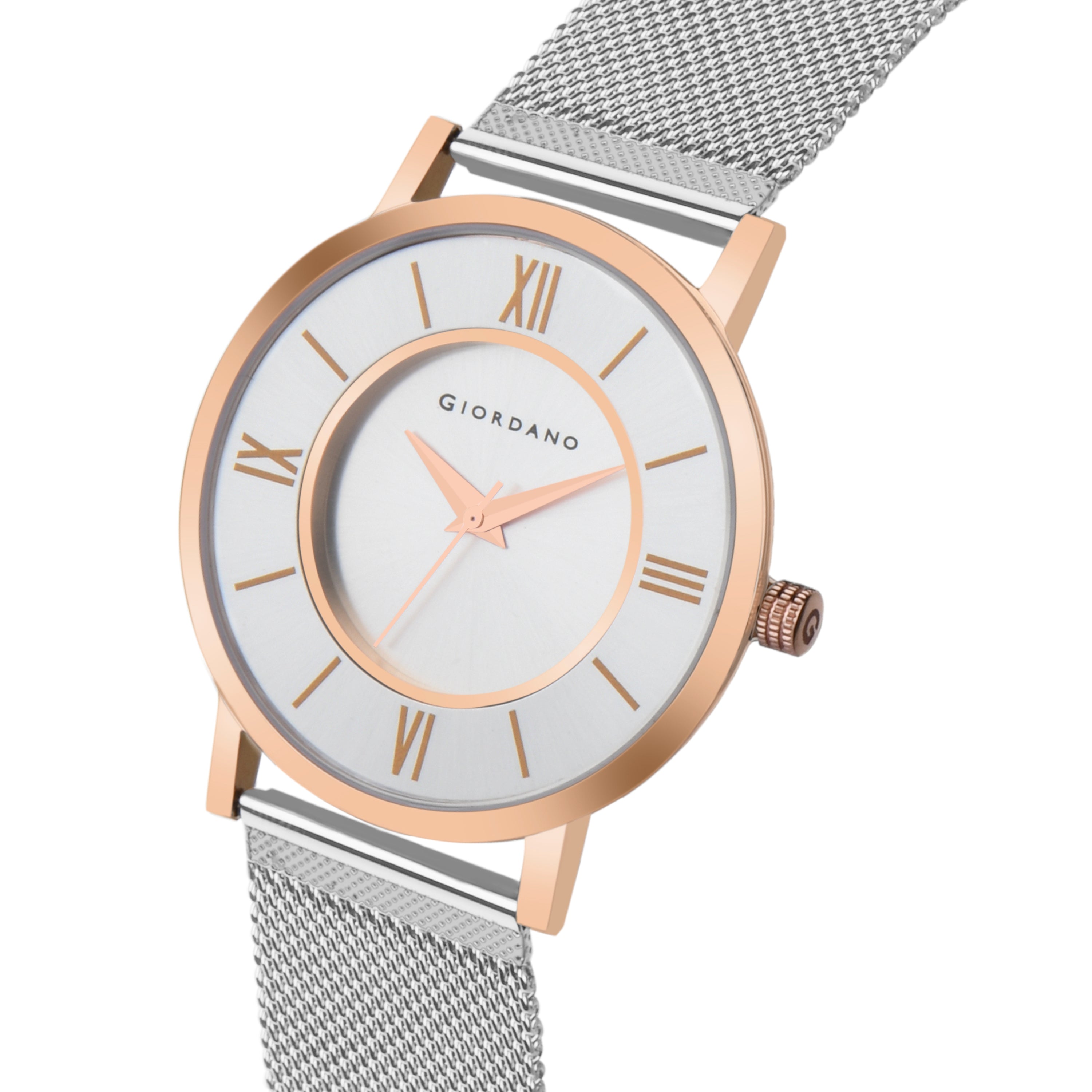 Giordano Rose Gold  Analog Stylish Watch for Couple with Stylish dial with Roman Indicess and mesh Metal Strap GD-1172-SETA-77