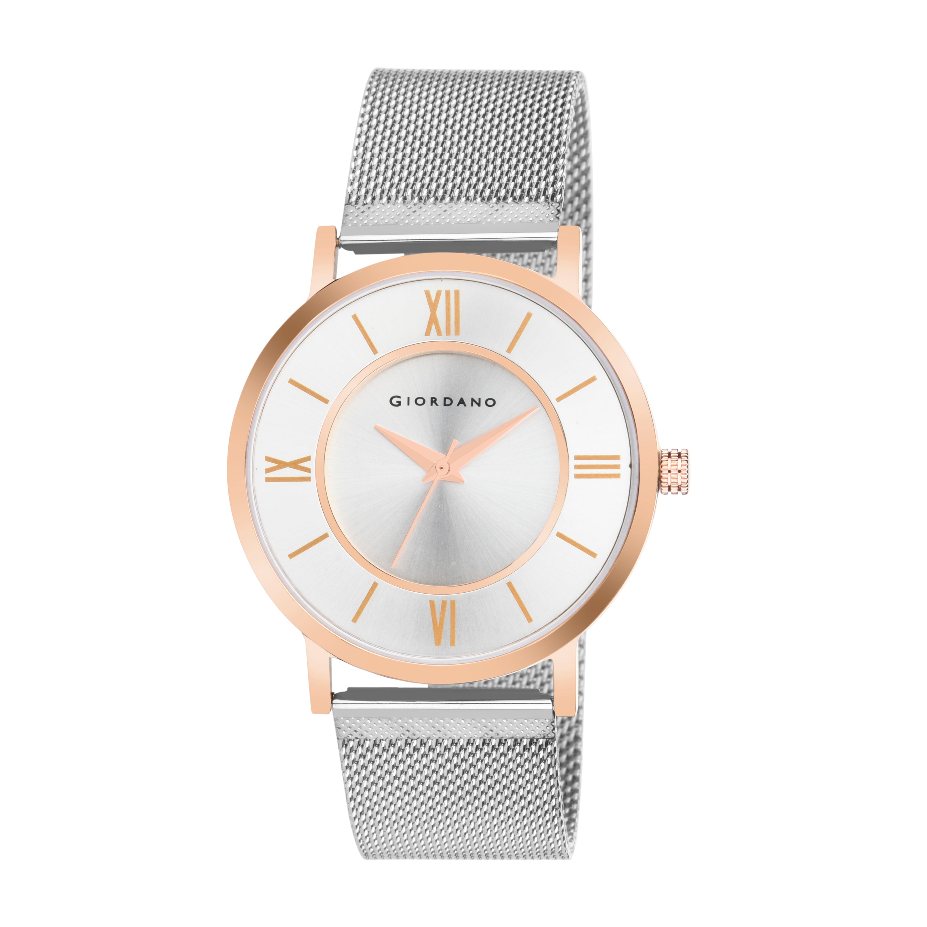 Giordano Rose Gold  Analog Stylish Watch for Couple with Stylish dial with Roman Indicess and mesh Metal Strap GD-1172-SETA-77