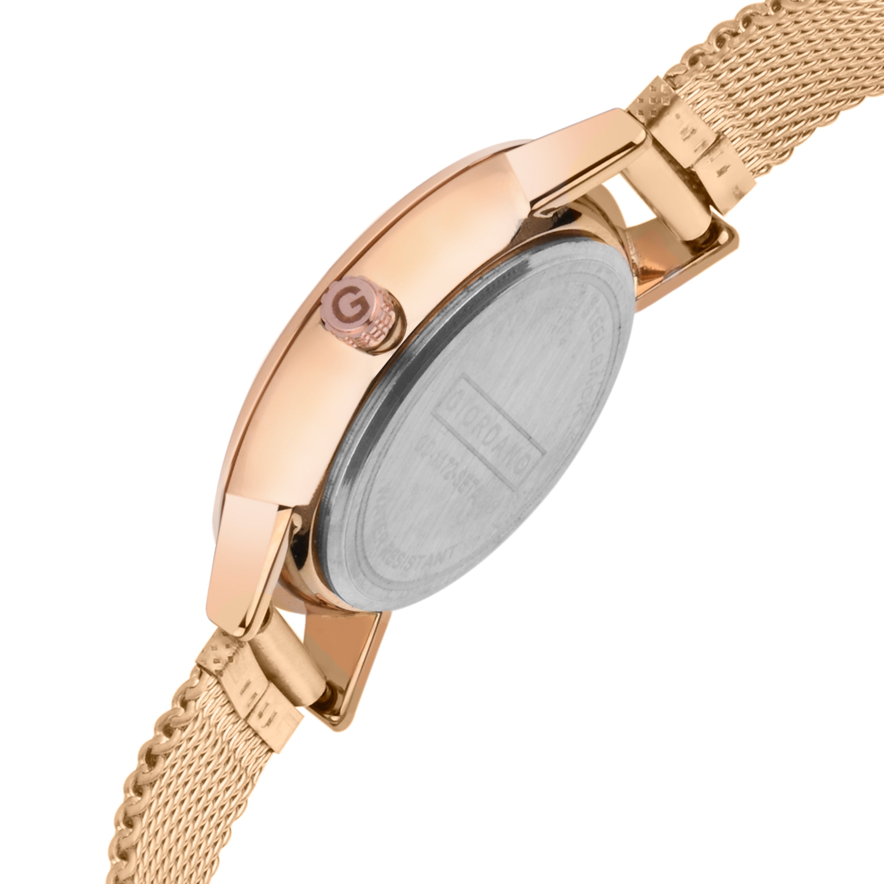 Giordano Rose Gold অ্যানালগ স্টাইলিশ দম্পতির ঘড়ি স্টাইলিশ ডায়াল সহ রোমান সূচক এবং মেশ মেটাল স্ট্র্যাপ GD-1172-SETA-88