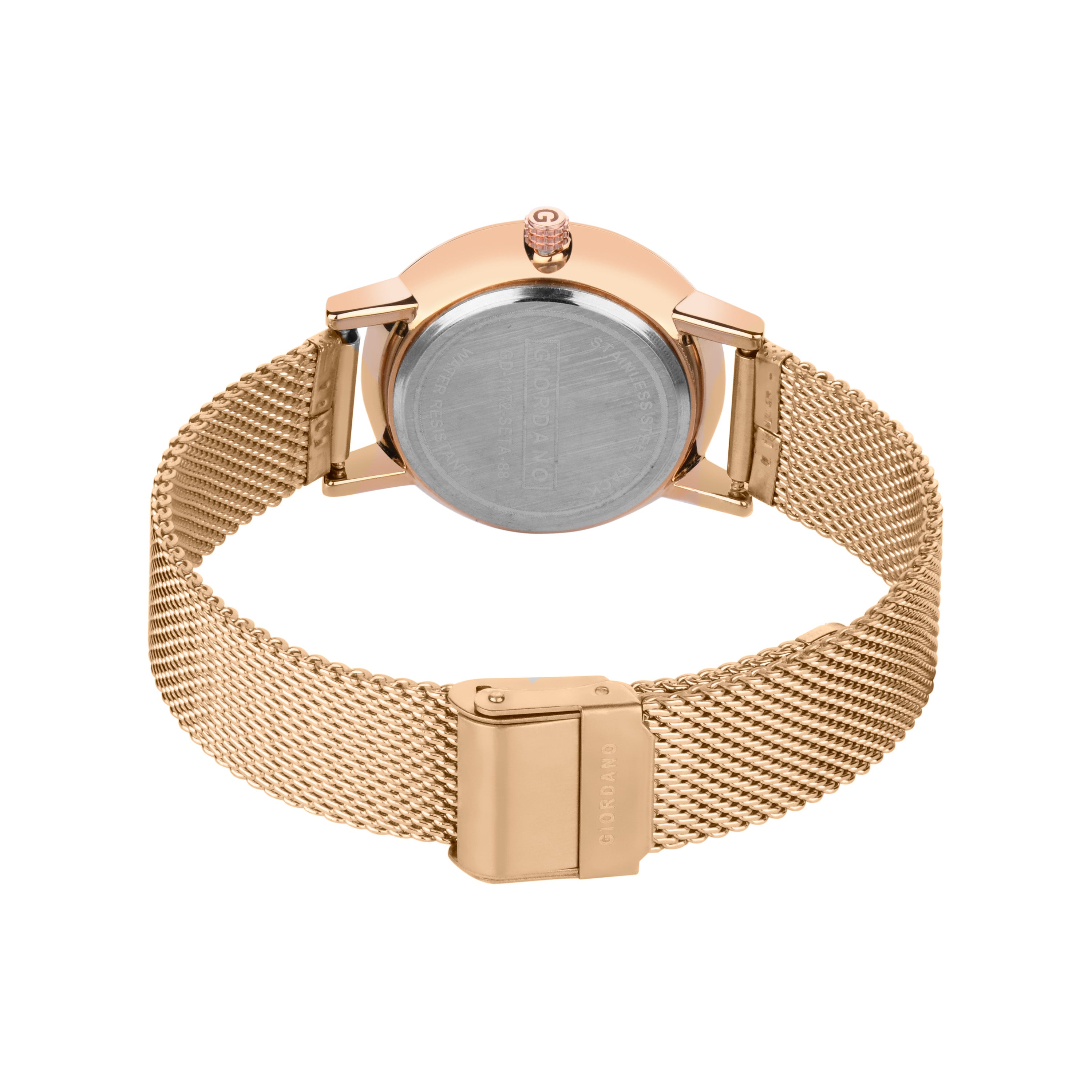 Giordano Rose Gold অ্যানালগ স্টাইলিশ দম্পতির ঘড়ি স্টাইলিশ ডায়াল সহ রোমান সূচক এবং মেশ মেটাল স্ট্র্যাপ GD-1172-SETA-88