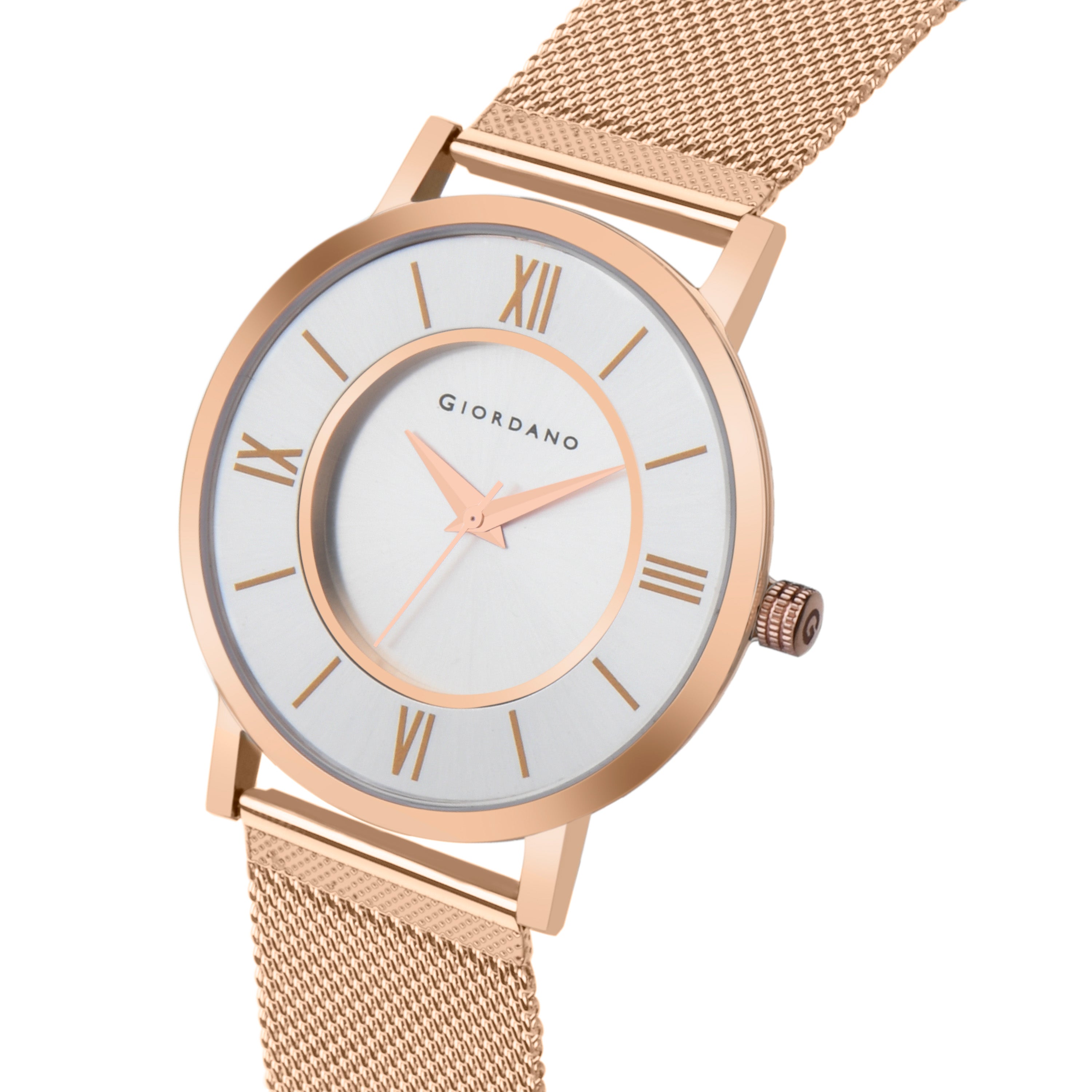 Giordano Rose Gold অ্যানালগ স্টাইলিশ দম্পতির ঘড়ি স্টাইলিশ ডায়াল সহ রোমান সূচক এবং মেশ মেটাল স্ট্র্যাপ GD-1172-SETA-88