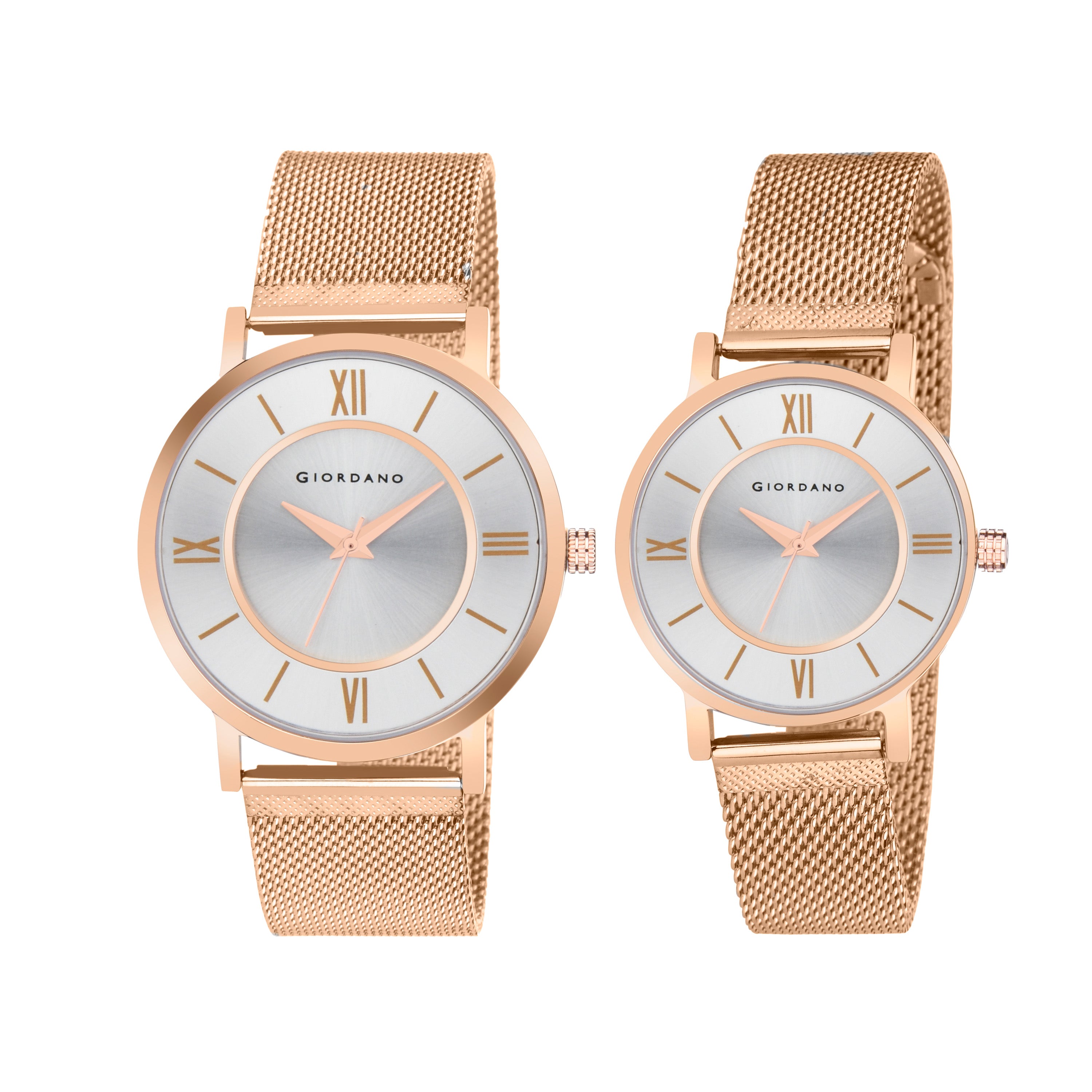 Giordano Rose Gold অ্যানালগ স্টাইলিশ দম্পতির ঘড়ি স্টাইলিশ ডায়াল সহ রোমান সূচক এবং মেশ মেটাল স্ট্র্যাপ GD-1172-SETA-88