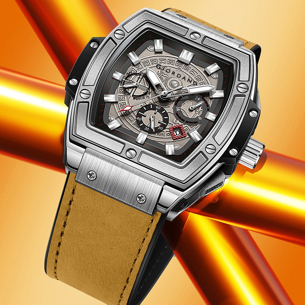 Giordano Terminator Men's Brown Leather Multifunction Watch - with Day, Date, and 24-Hour Sub-Dials | Water Resistant Square Dial Unique Design Wrist Watch for Man | GZ-50098-01