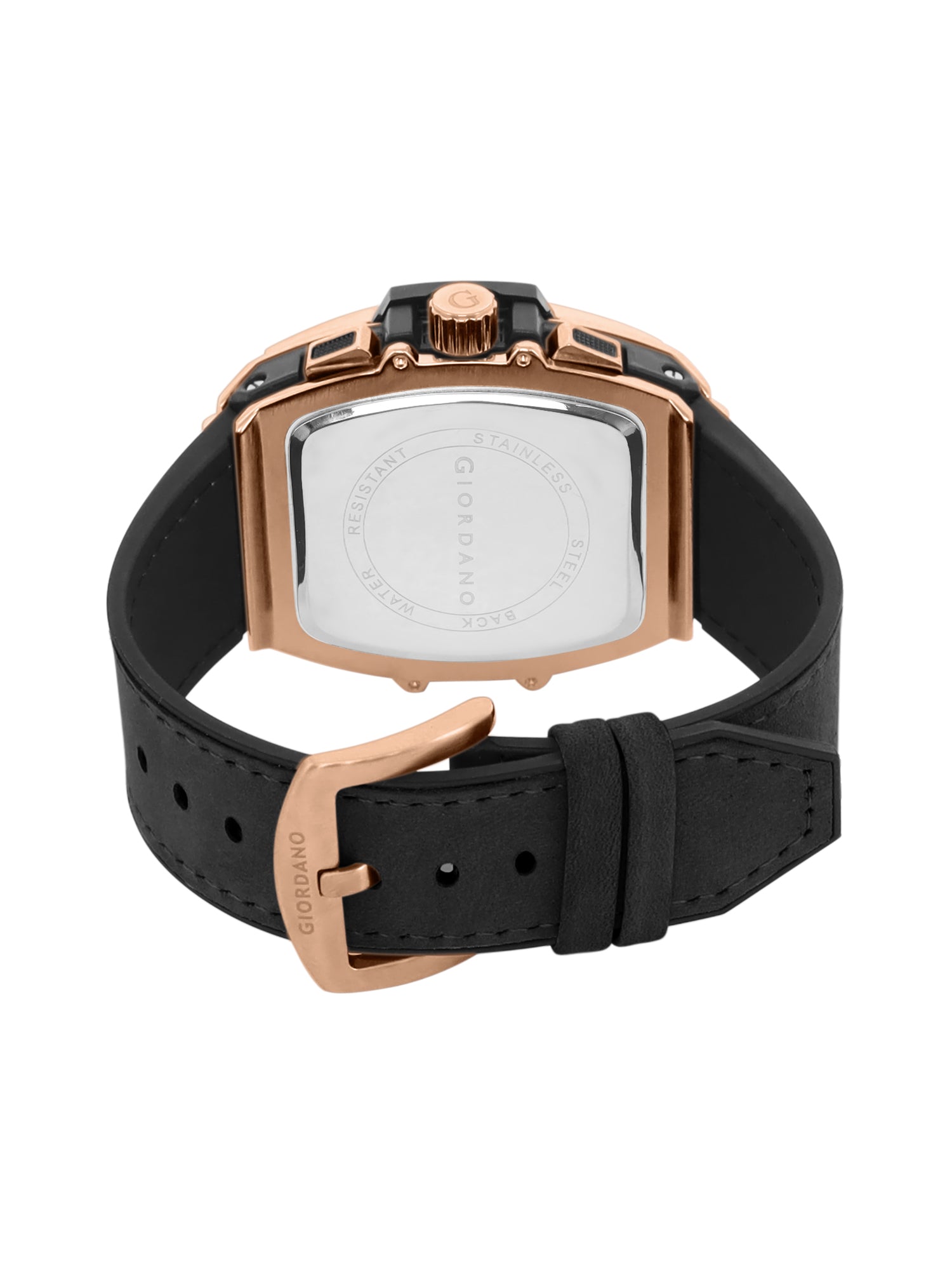 जिओडैनो टर्मिनेटर पुरुषों की रोज़ गोल्ड लेदर मल्टीफंक्शन वॉच - डे, डेट और 24-घंटे सब-डायल के साथ | पुरुषों के लिए वाटर रेसिस्टेंट स्क्वायर डायल यूनिक डिज़ाइन रिस्ट वॉच | GZ-50098-02