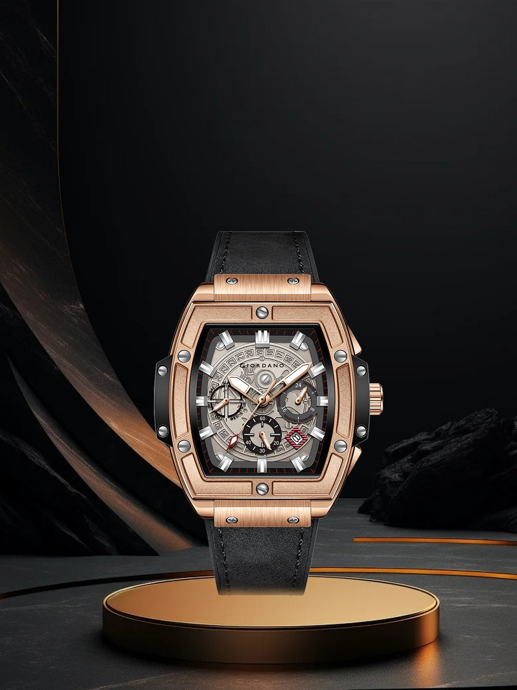 जिओडैनो टर्मिनेटर पुरुषों की रोज़ गोल्ड लेदर मल्टीफंक्शन वॉच - डे, डेट और 24-घंटे सब-डायल के साथ | पुरुषों के लिए वाटर रेसिस्टेंट स्क्वायर डायल यूनिक डिज़ाइन रिस्ट वॉच | GZ-50098-02