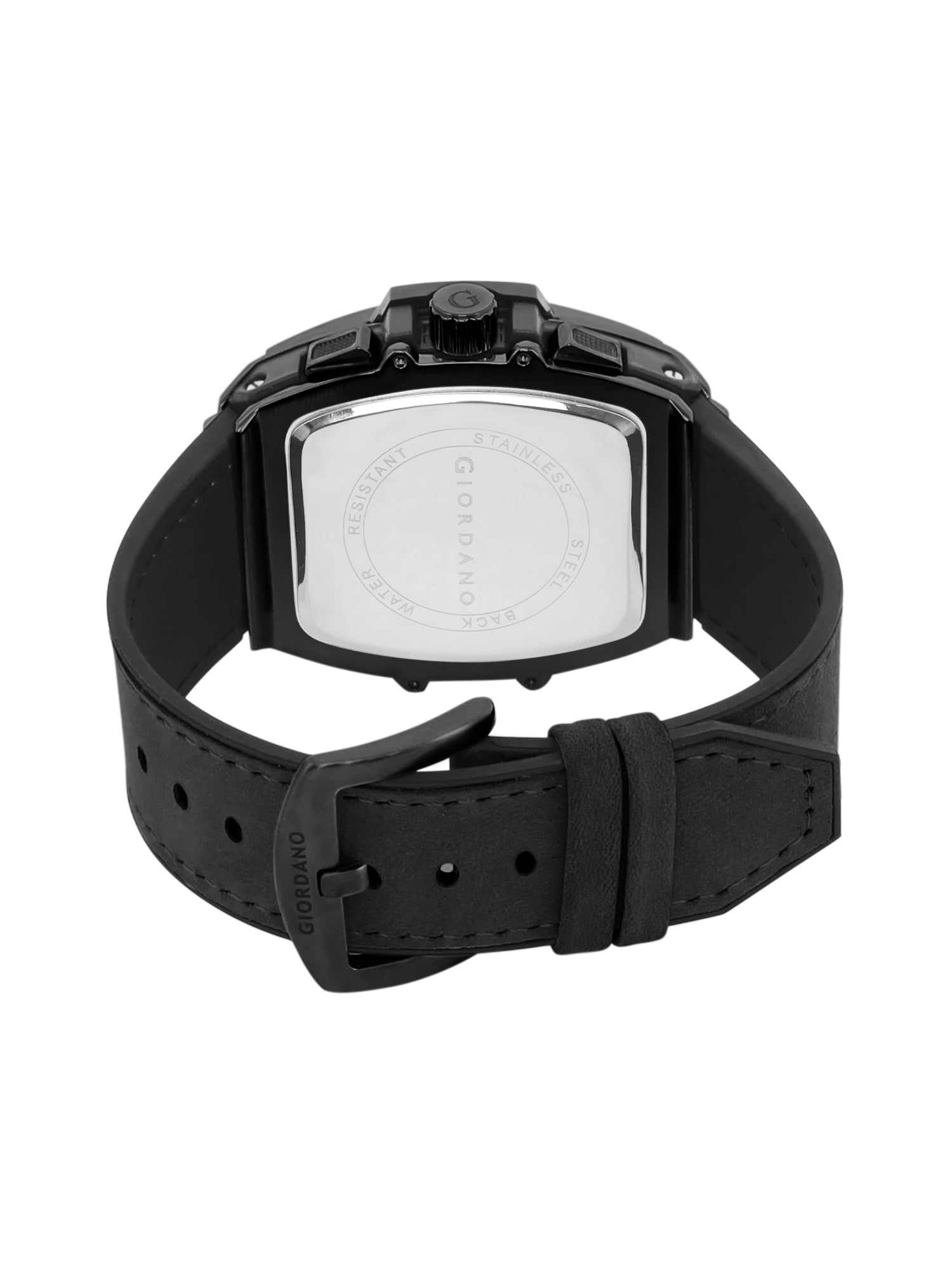 Giordano Terminator Men's Black Leather Multifunction Watch - with Day, Date, and 24-Hour Sub-Dials | Water Resistant Square Dial Unique Design Wrist Watch for Man | GZ-50098-03