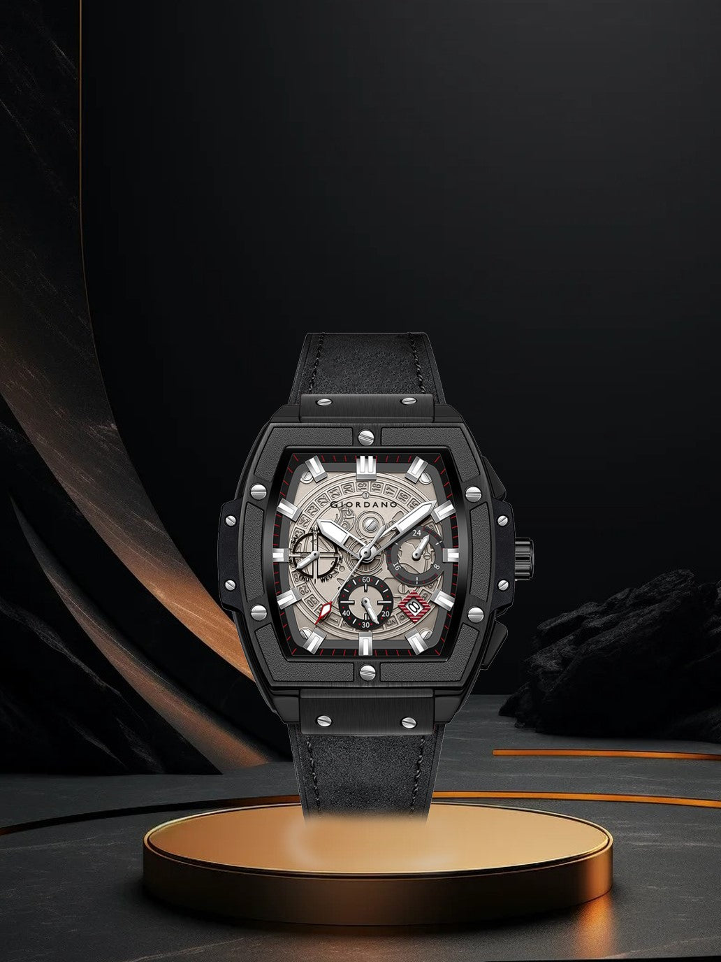 Giordano Terminator Men's Black Leather Multifunction Watch - with Day, Date, and 24-Hour Sub-Dials | Water Resistant Square Dial Unique Design Wrist Watch for Man | GZ-50098-03