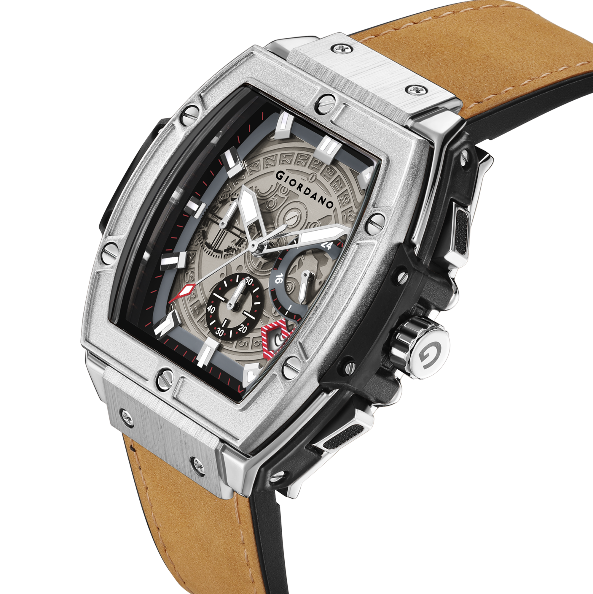 Giordano Terminator Men's Brown Leather Multifunction Watch - with Day, Date, and 24-Hour Sub-Dials | Water Resistant Square Dial Unique Design Wrist Watch for Man | GZ-50098-01