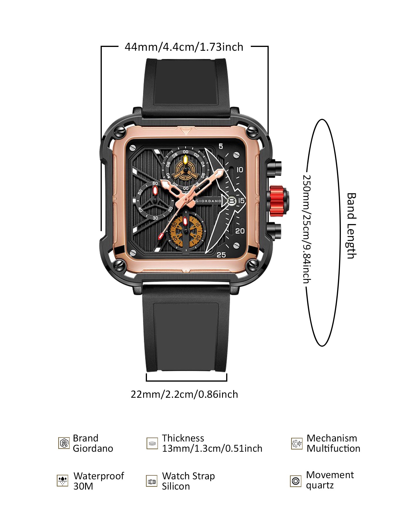 Giordano Multifunction Watch for Men - Perfect Blend of Style and Utility” | Water Resistant Square dial Unique Design Wrist Watch for Man | Best Gift for Males | GZ-50099-03
