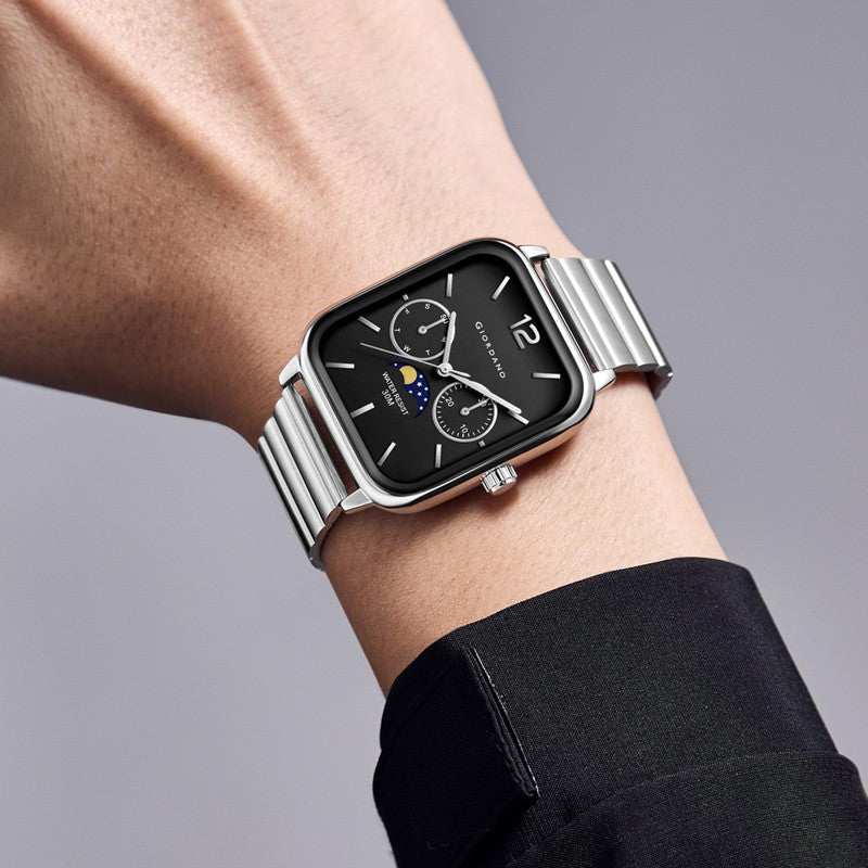 Giordano Silver Classic Square Analog Watch for Men with Moon Phase Display and Stainless Steel Strap GZ-50117-11