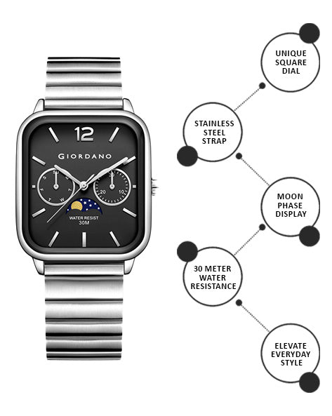 পুরুষদের জন্য জিওর্দানো সিলভার ক্লাসিক স্কয়ার অ্যানালগ ঘড়ি সাথে মুন ফেজ ডিসপ্লে এবং স্টেইনলেস স্টিল স্ট্র্যাপ GZ-50117-11
