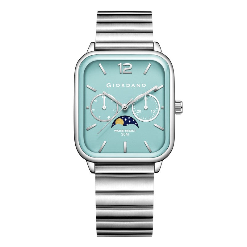Giordano Silver  Classic Square Analog Watch for Men with Moon Phase Display and Stainless Steel Strap GZ-50117-33