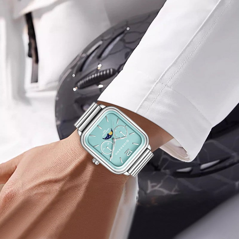 Giordano Silver  Classic Square Analog Watch for Men with Moon Phase Display and Stainless Steel Strap GZ-50117-33