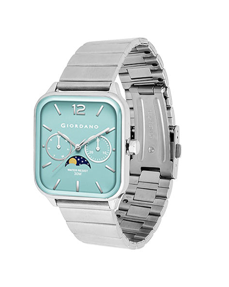 Giordano Silver  Classic Square Analog Watch for Men with Moon Phase Display and Stainless Steel Strap GZ-50117-33