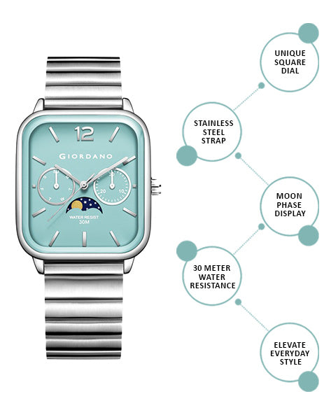 Giordano Silver  Classic Square Analog Watch for Men with Moon Phase Display and Stainless Steel Strap GZ-50117-33