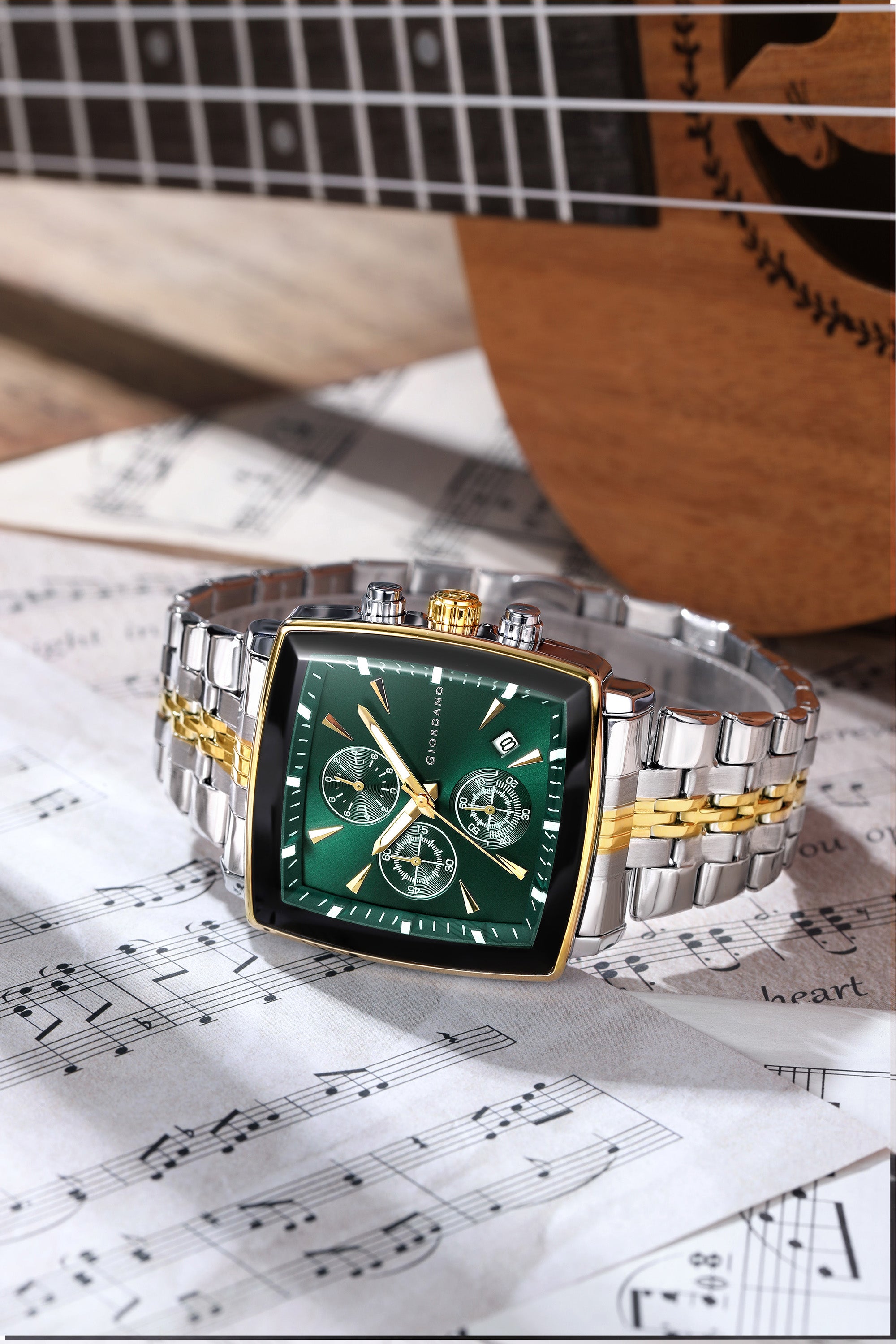Giordano Multi Function Watch For Men With Square Green Dial, Stainless Steel Strap And Date Display GZ-50138-55
