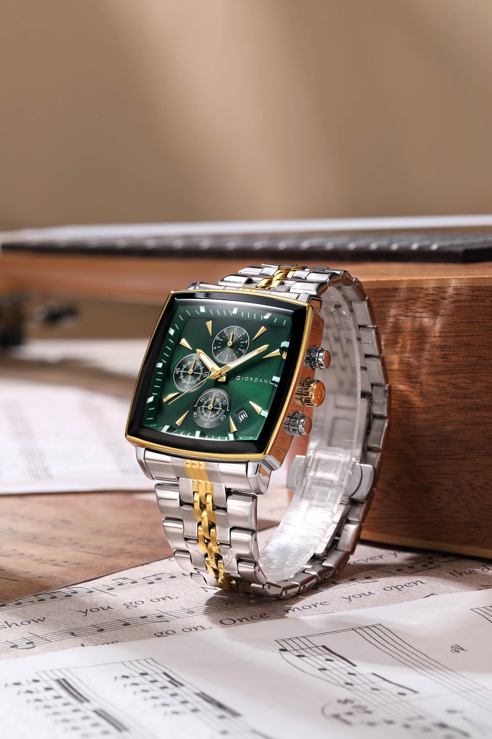 Giordano Multi Function Watch For Men With Square Green Dial, Stainless Steel Strap And Date Display GZ-50138-55