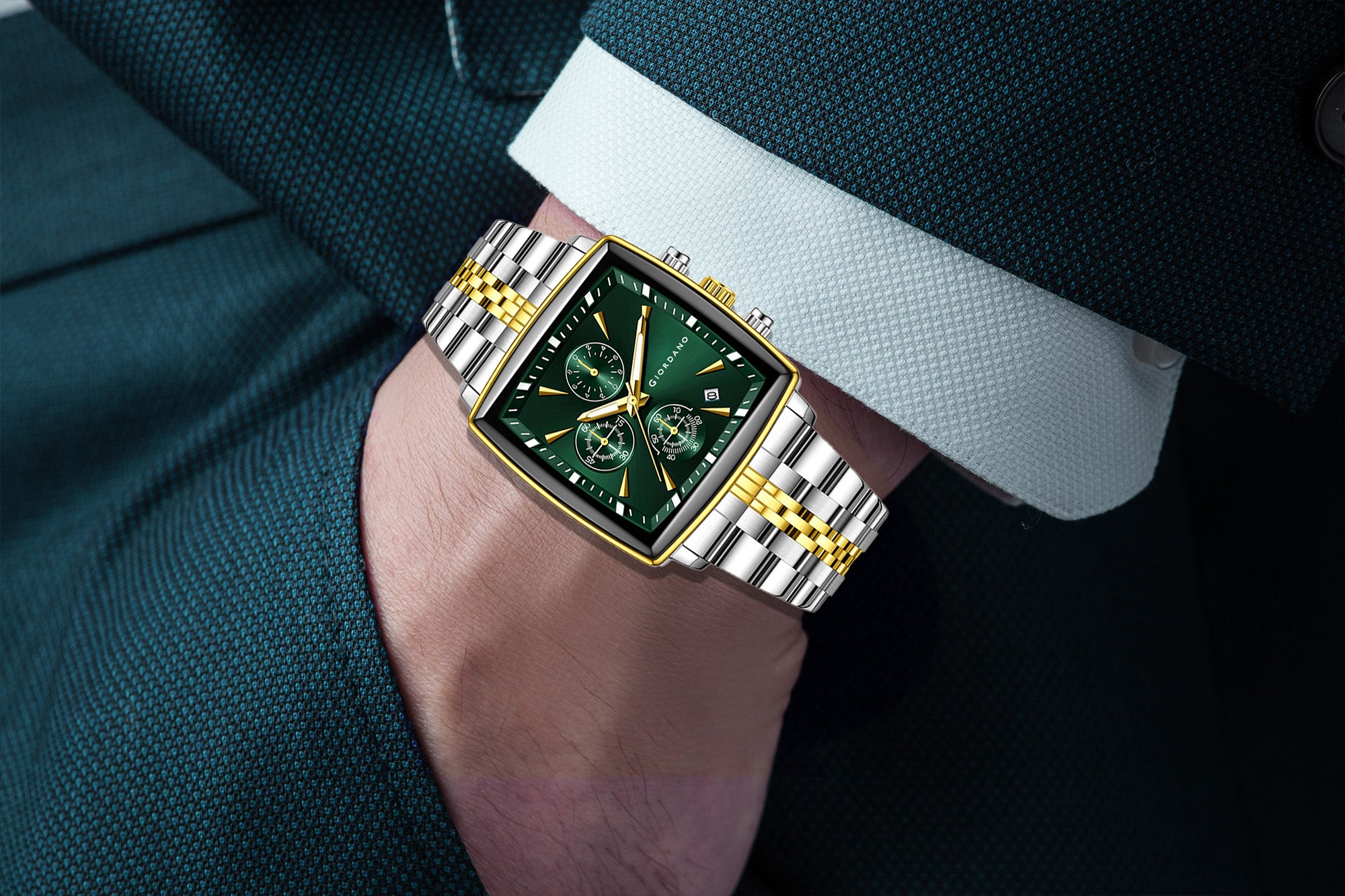 Giordano Multi Function Watch For Men With Square Green Dial, Stainless Steel Strap And Date Display GZ-50138-55