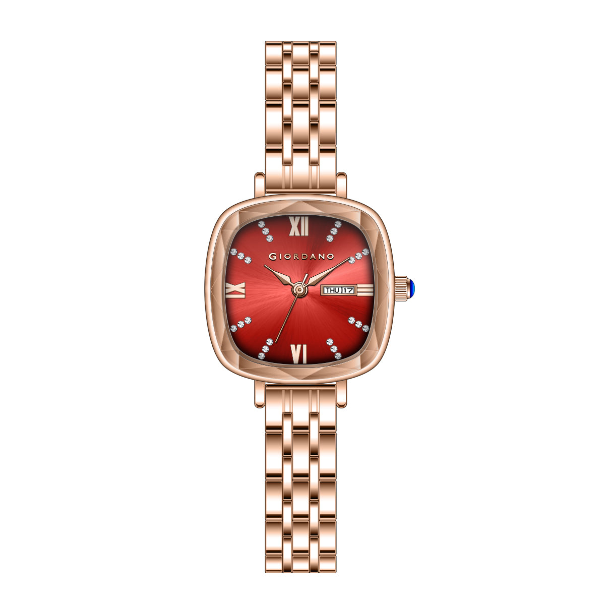 Giordano Elegant Square Watch for Women – ক্রিস্টাল ও রোমান আওয়ার মার্কার, ডে-ডেট ডিসপ্লে, স্টেইনলেস স্টিল স্ট্র্যাপ | GZ-60097-44