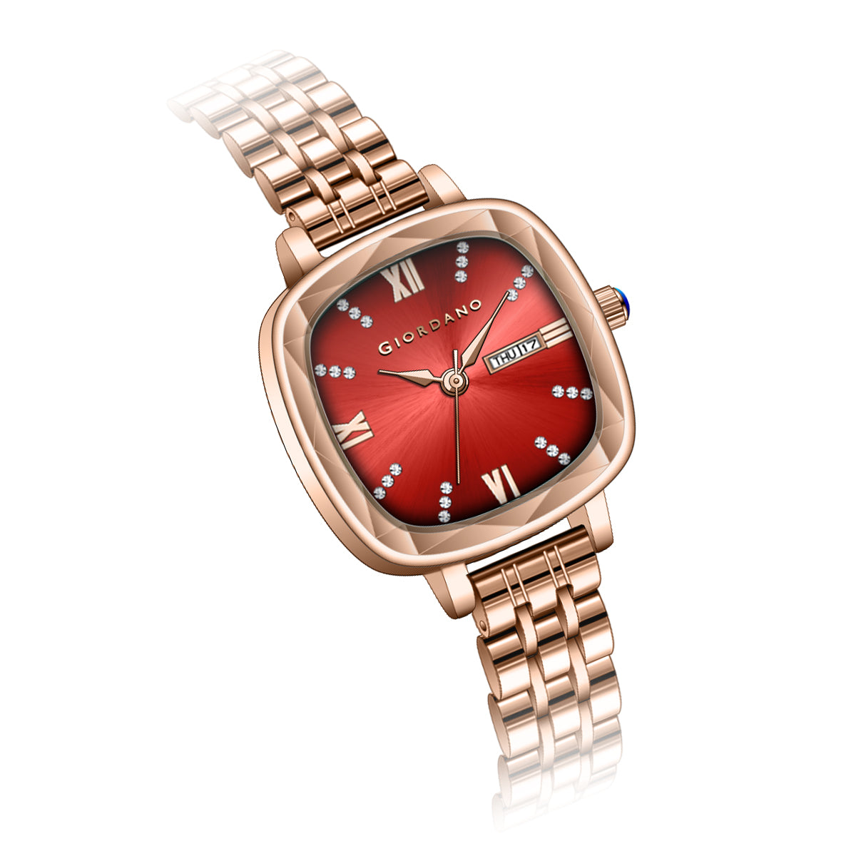 Giordano Elegant Square Watch for Women – ক্রিস্টাল ও রোমান আওয়ার মার্কার, ডে-ডেট ডিসপ্লে, স্টেইনলেস স্টিল স্ট্র্যাপ | GZ-60097-44