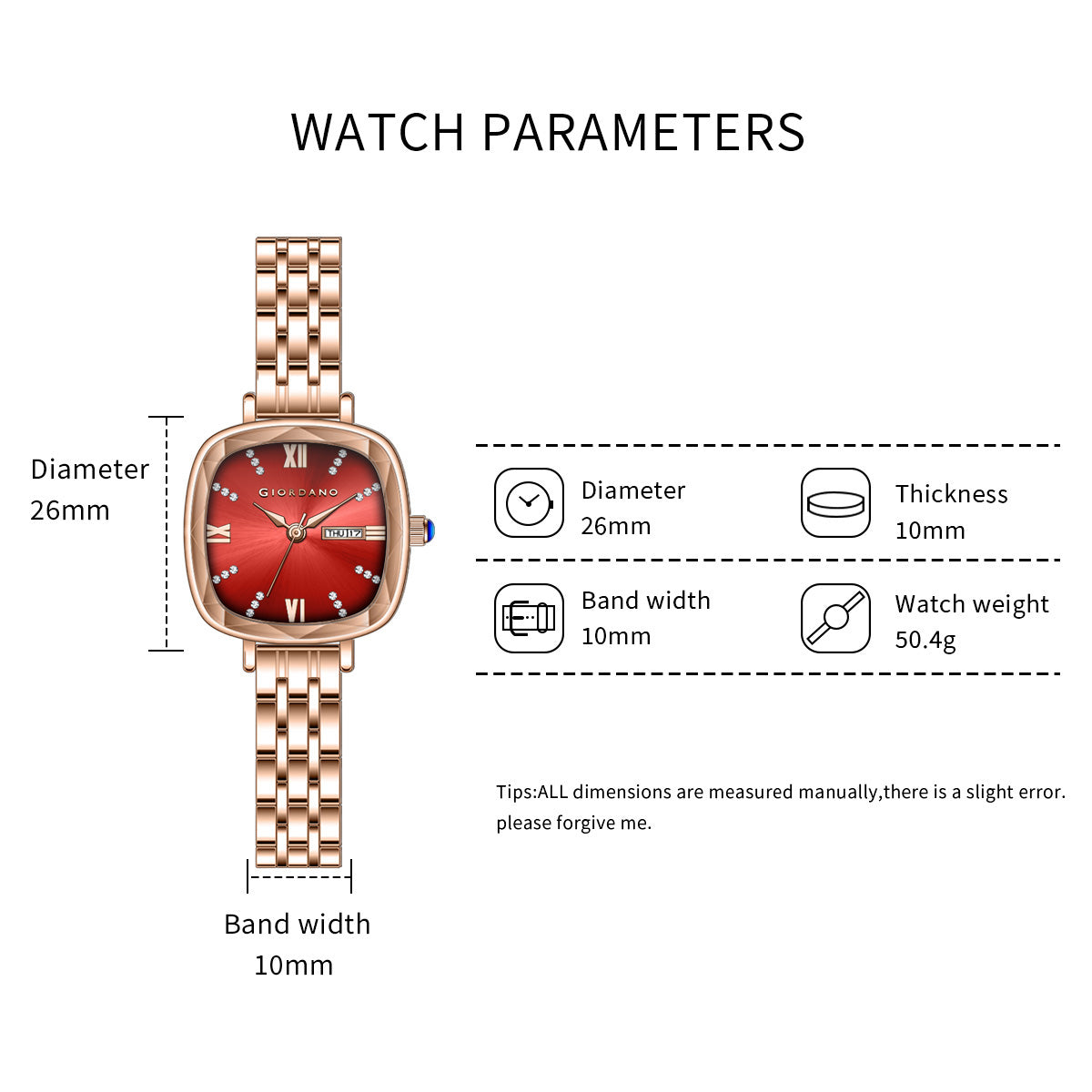 Giordano Elegant Square Watch for Women – ক্রিস্টাল ও রোমান আওয়ার মার্কার, ডে-ডেট ডিসপ্লে, স্টেইনলেস স্টিল স্ট্র্যাপ | GZ-60097-44