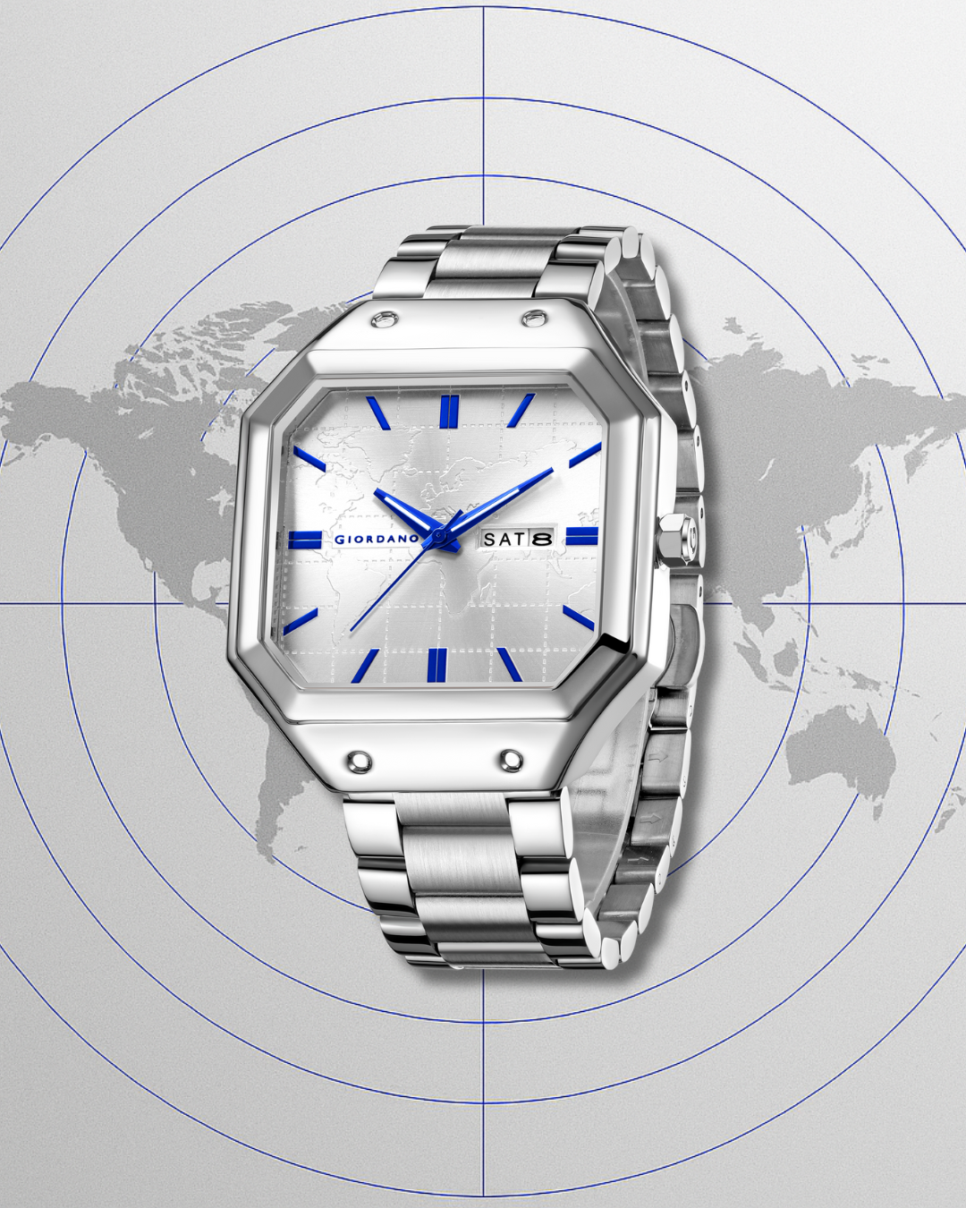 Giordano Premium  watch for men – Unique Octagone Case, Stainless Steel Band with Day & Date Display-GZ-50126-22