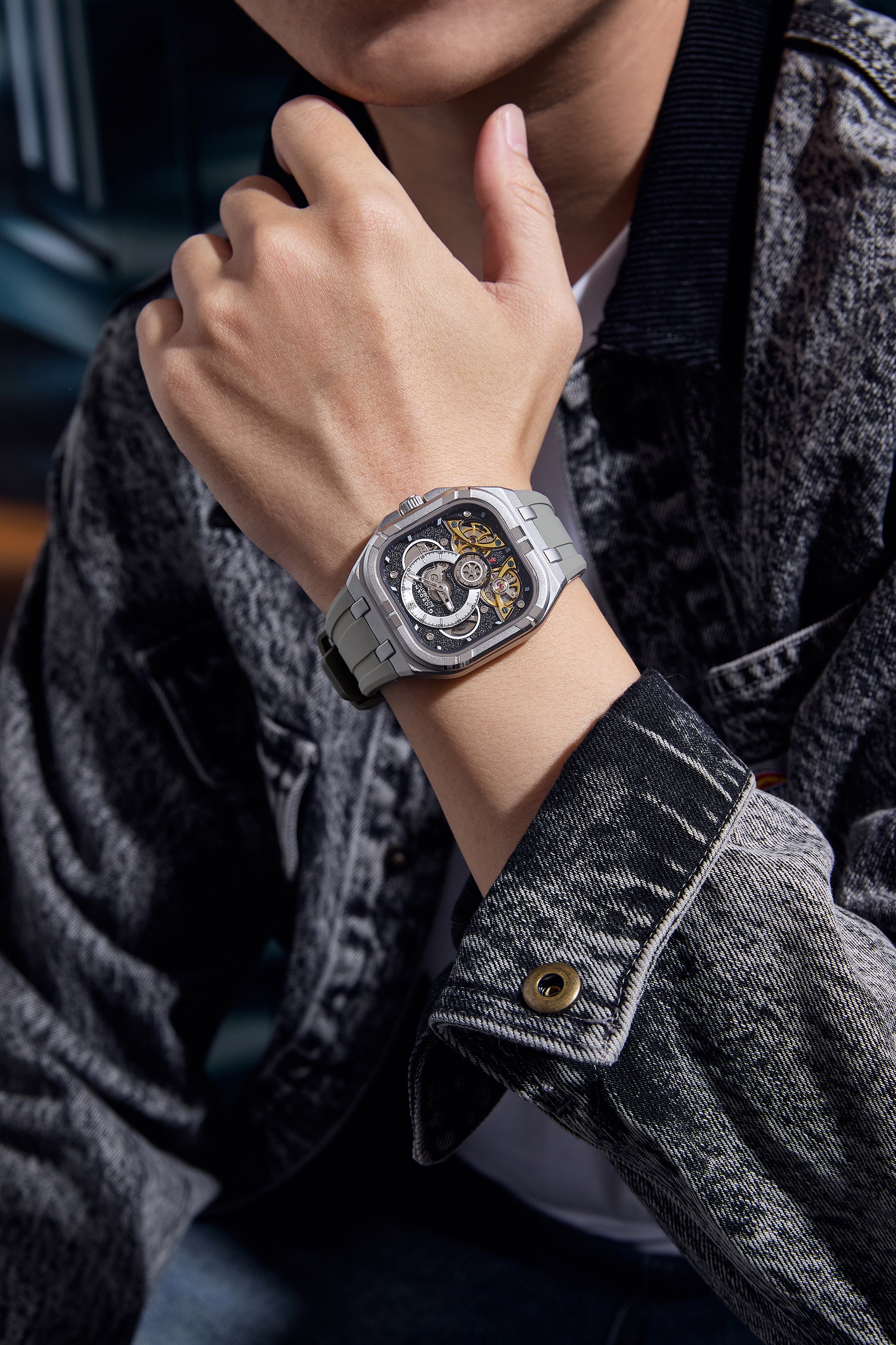 Giordano Automatic Mechanical Skeleton Watch for Men with Black Cushion-Shaped Skeleton Dial, Exposed Dual Balance-Wheel Design, Luminous Hands & Hour Markers and Grey Silicone Strap - GZ-50234-03