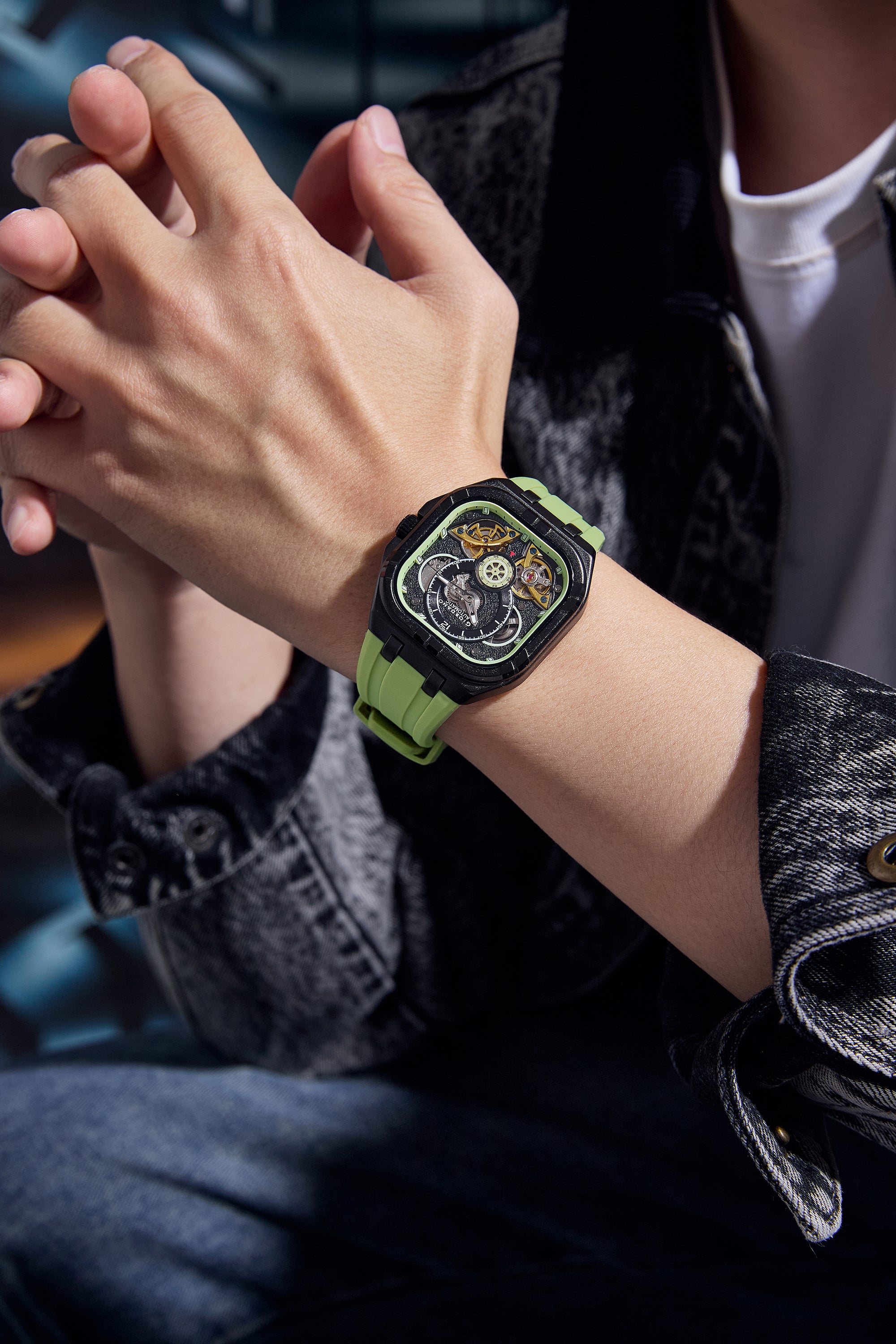 Giordano Automatic Mechanical Skeleton Watch for Men with Black Cushion-Shaped Skeleton Dial, Exposed Dual Balance-Wheel Design, Luminous Hands & Hour Markers and Green Silicone Strap - GZ-50234-02