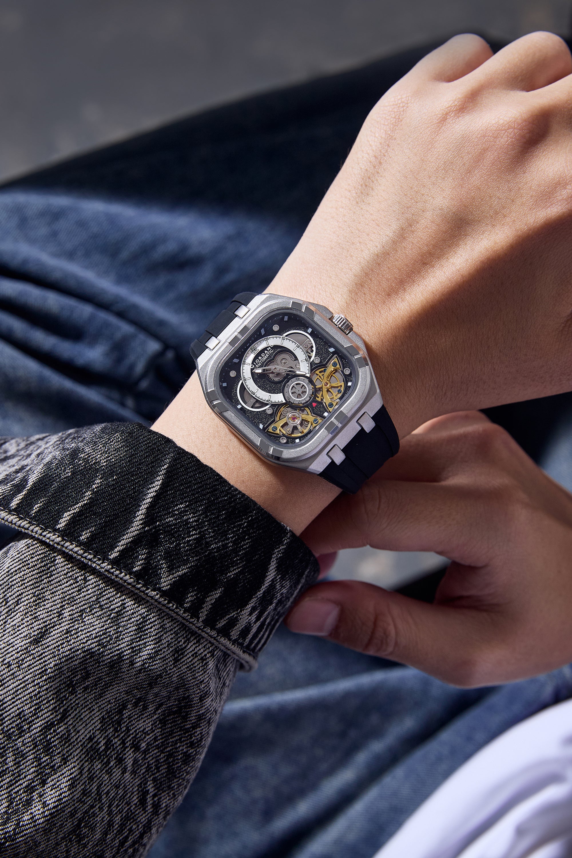 Giordano Automatic Mechanical Skeleton Watch for Men with Black Cushion-Shaped Skeleton Dial, Exposed Dual Balance-Wheel Design, Luminous Hands & Hour Markers and Black Silicone Strap - GZ-50234-01