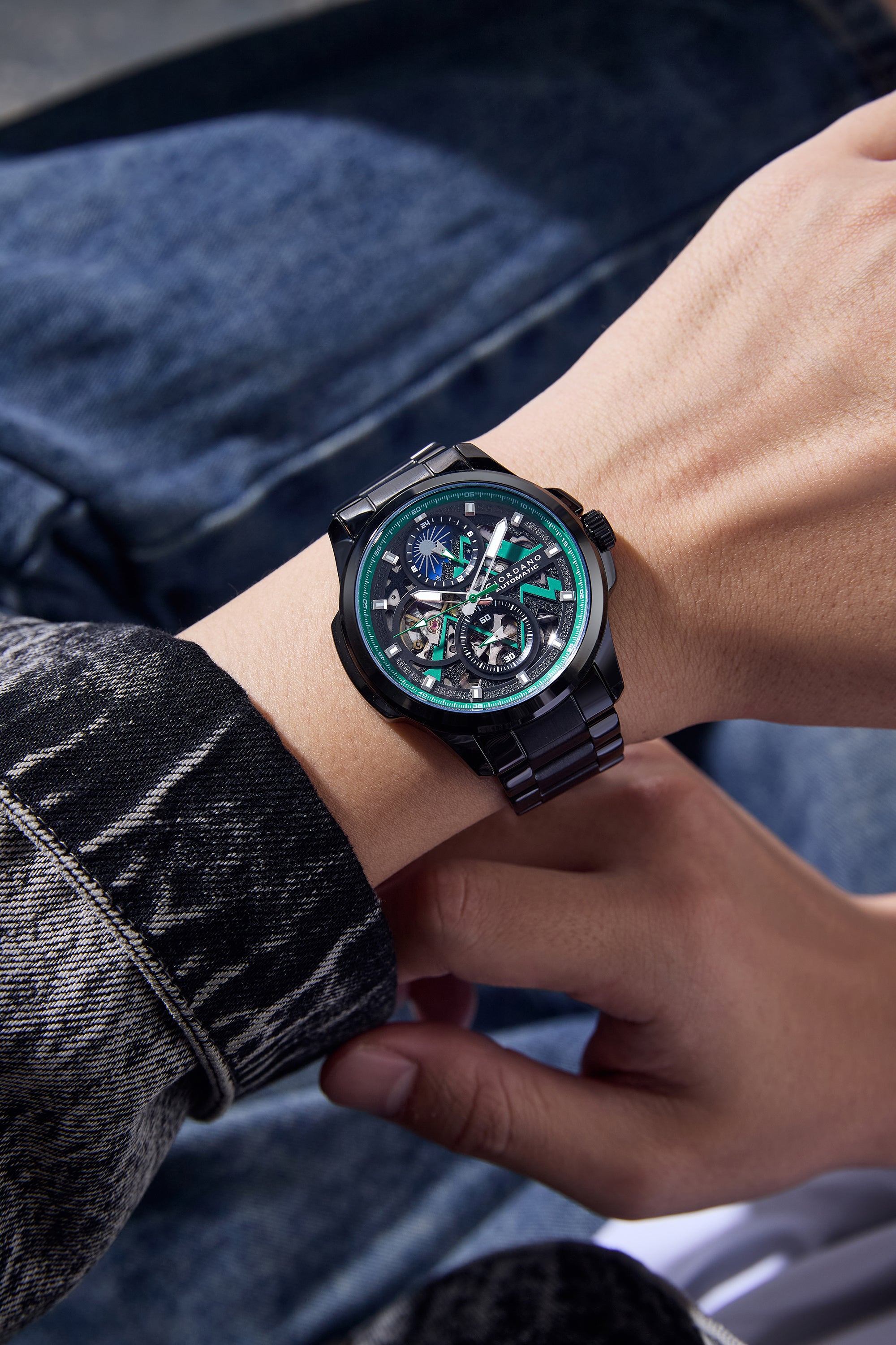 Giordano Automatic Mechanical Skeleton Watch for Men with Black Round Dial, 24-Hour Display, Luminous Hands and Baton Hour Markers and Black Stainless Steel Strap - GZ-50235-11
